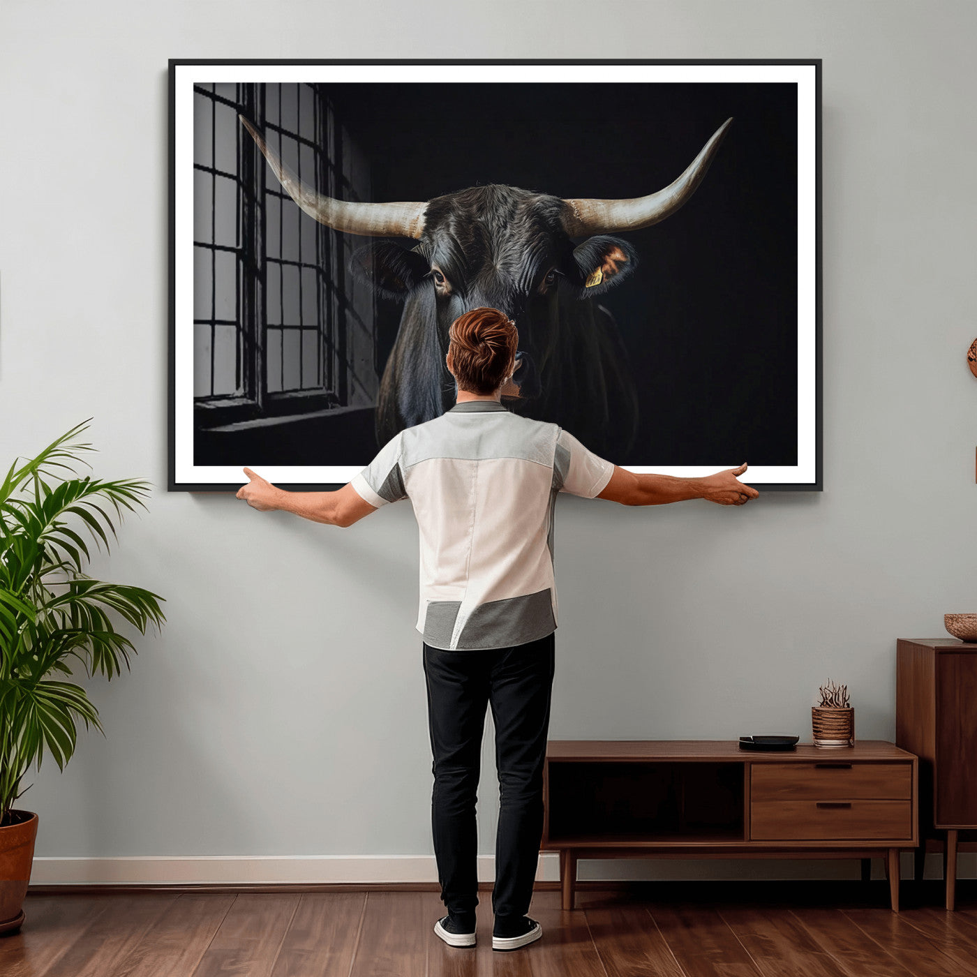 48065167-MGV-CV-36X24 - Texas Longhorn Bull Wall Art Canvas Print – Western Black Bull Art Print for Farmhouse Ranch Decor