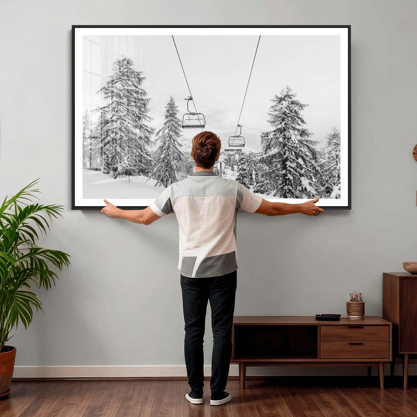 55003599-MGV-CV-36X24 - Wall Art Canvas Print Winter Chairlift Views Silent Snow-Covered Pines Mountain Calm Serenity Frozen