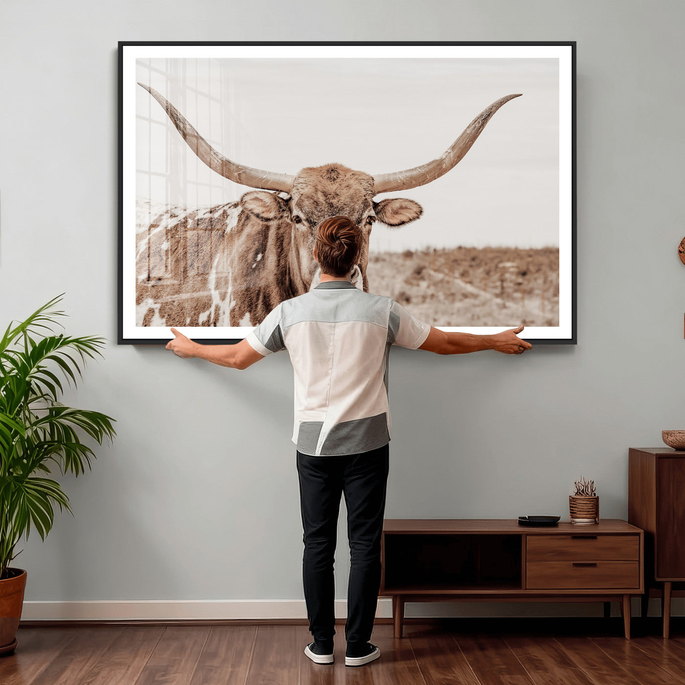39964150-MGV-CV-36X24 - Longhorn Cow Wall Art Canvas Print, Texas Ranch Print, Framed Western Bull Art Print, Large BigHorn Cowboy Printing Perfect for County Decor