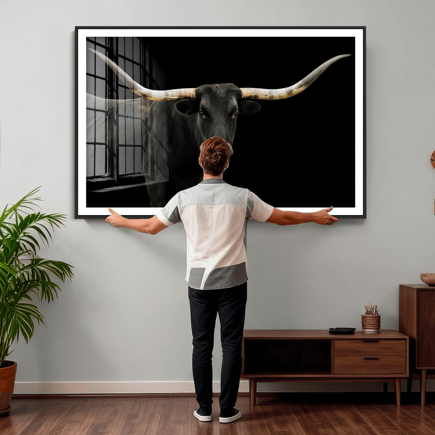 99448328-MGV-CV-36X24 - Longhorn Cattle Wall Art Canvas Print, Framed Texas Black Bull Art Picture Print, Western Cow Perfect Farmhouse Decor Artwork