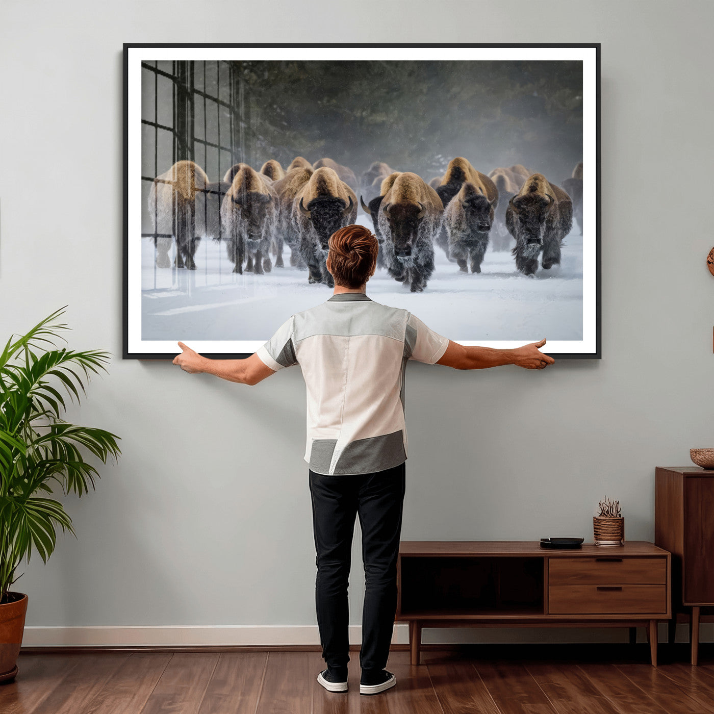 41669135-MGV-CV-36X24 - Winter Bison Herd Wall Art – Majestic Buffalo Charge Canvas Print with Snow Covered Plains, Rustic Wildlife Strength and Untamed Nature Decor for Home and Office