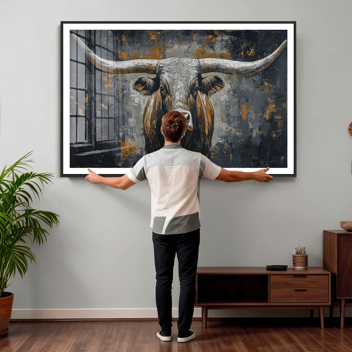 73972561-MGV-CV-36X24 - Bold Bull Wall Art Canvas – Striking Portrait with Wide Horns and Rich Brown Hues, Rustic Farmhouse and Western Decor for Home Room