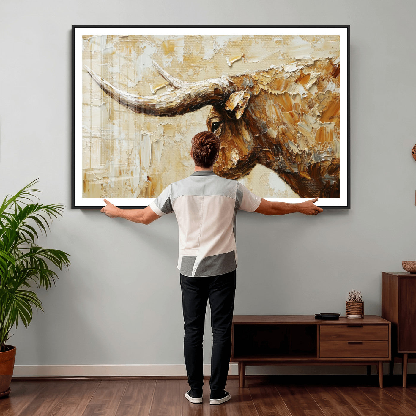 69611428-MGV-CV-36X24 - Rustic Longhorn Bull Wall Art Canvas Print – Vintage Western Cattle Painting, Texas Abstract Wall Cow Prints