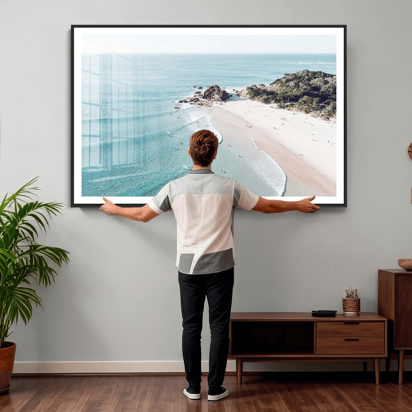 79395467-MGV-CV-36X24 - Aerial Beach Wall Art Canvas Print, Coastal Ocean Waves and Surfers Scenic Seaside Artwork for Home, Office Decor