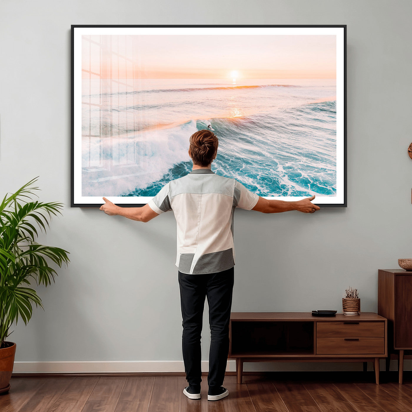 34064591-MGV-CV-36X24 - Sunset Surfing Wall Art Canvas Print, Ocean Wave Surfer with Golden Sky Artwork for Home, Office, Living Room