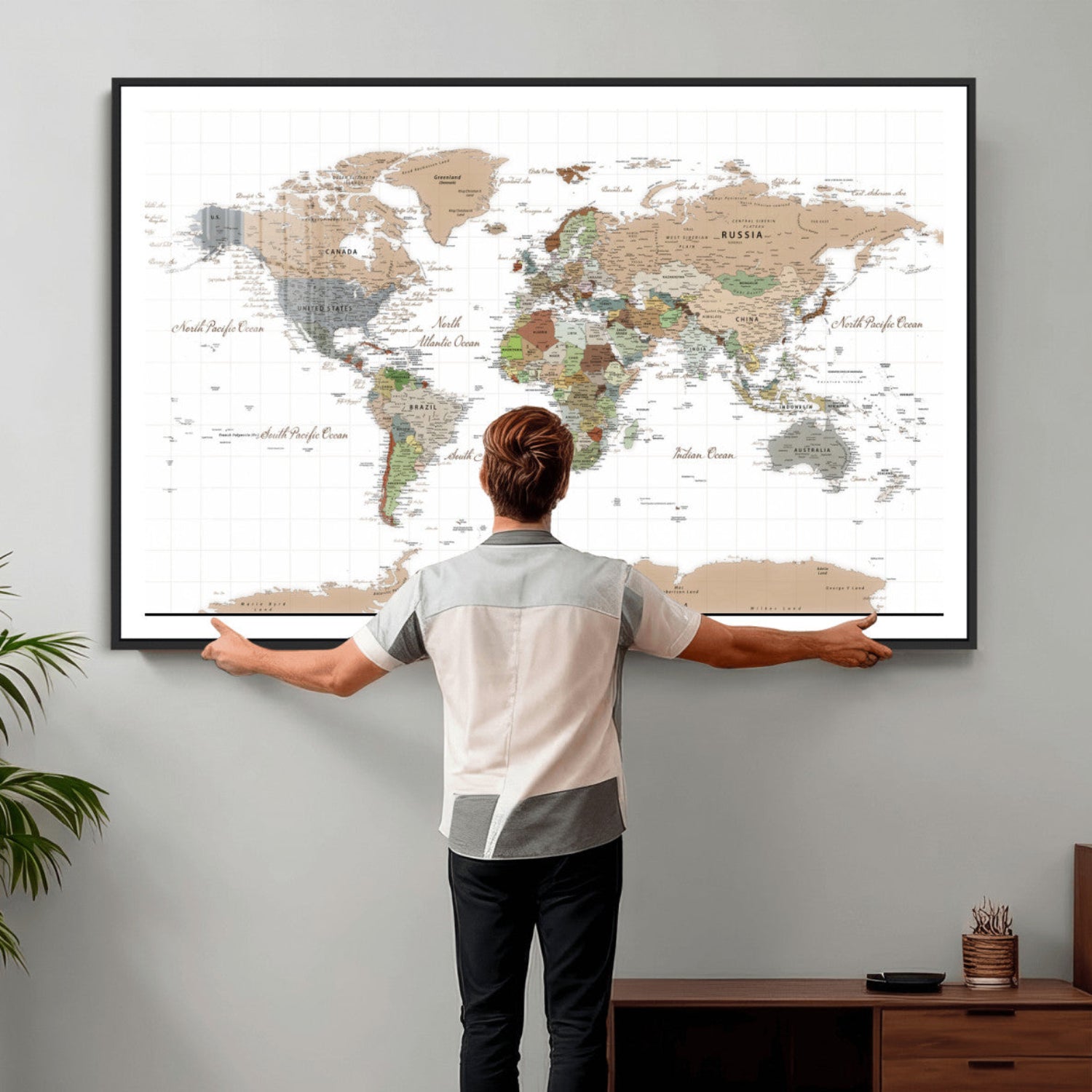 91286788-MGV-CV-36X24 - World Map Wall Art Canvas Print, Modern Decorative Framed Map Artwork Prints for Living Room, Office, Bedroom Wall Decor