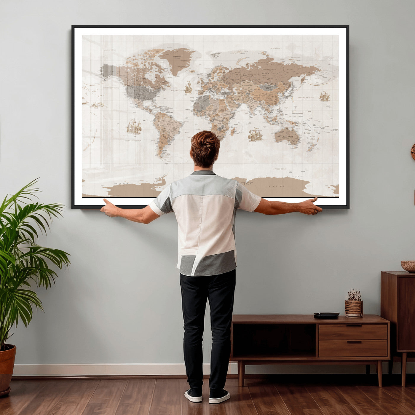 85057279-MGV-CV-36X24 - World Map Wall Art Canvas Print, Modern Decorative Framed Map Artwork Prints for Living Room, Office, Bedroom Wall Decor