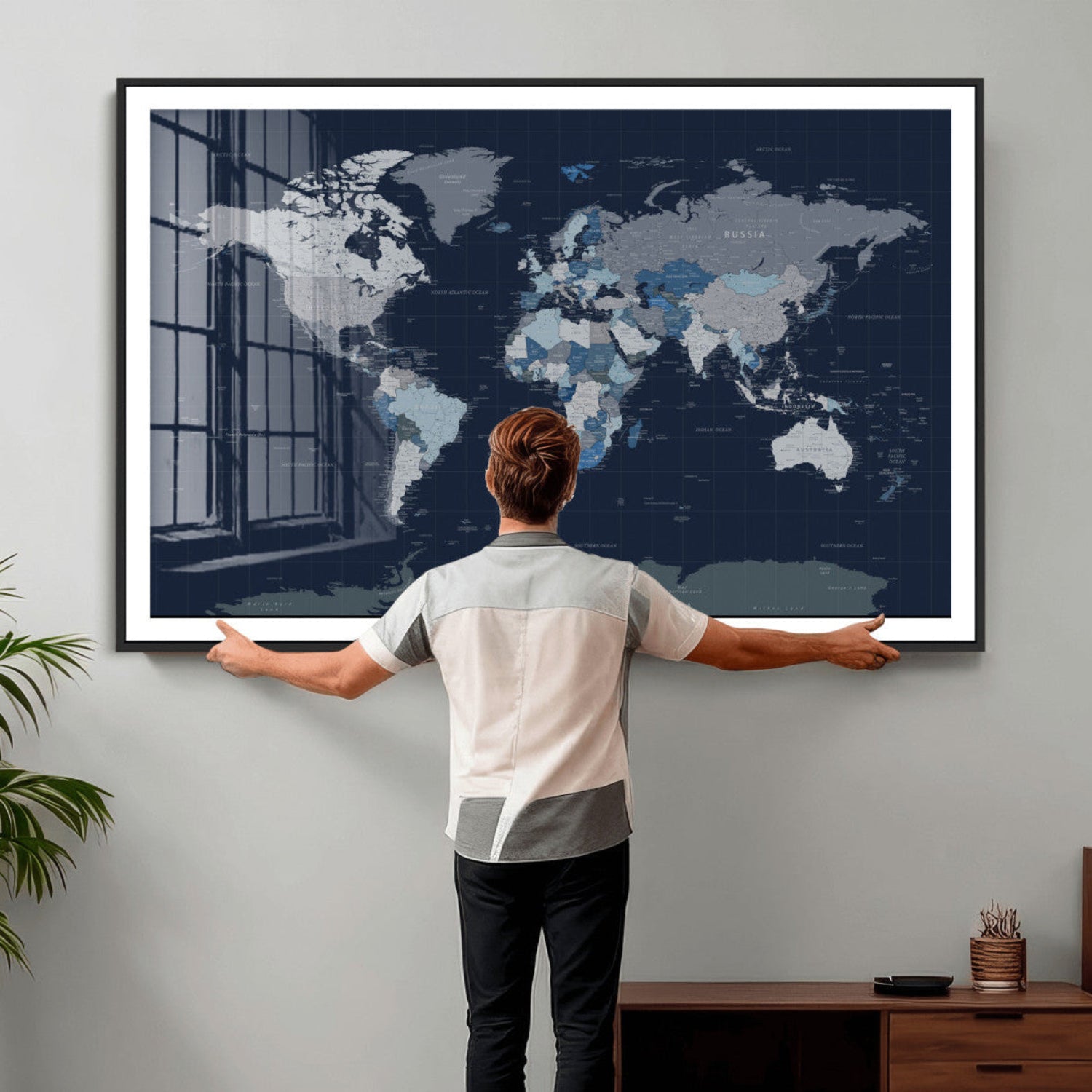 17712680-MGV-CV-36X24 - World Map Wall Art Canvas Print, Modern Decorative Framed Map Artwork Prints for Living Room, Office, Bedroom Wall Decor
