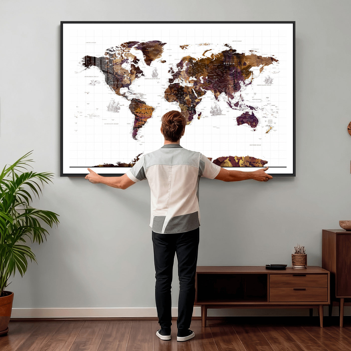 34792695-MGV-CV-36X24 - World Map Wall Art Canvas Print, Modern Decorative Framed Map Artwork Prints for Living Room, Office, Bedroom Wall Decor