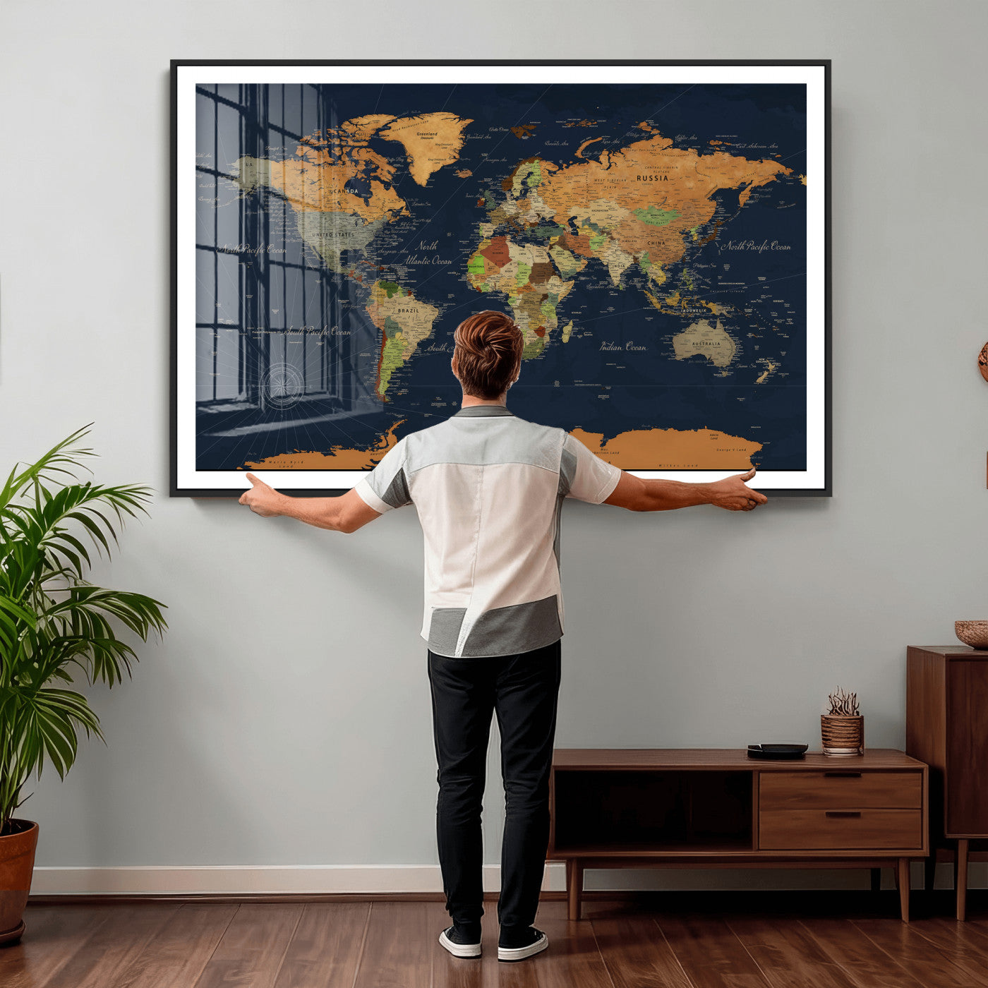 11715182-MGV-CV-36X24 - World Map Wall Art Canvas Print, Modern Decorative Framed Map Artwork Prints for Living Room, Office, Bedroom Wall Decor