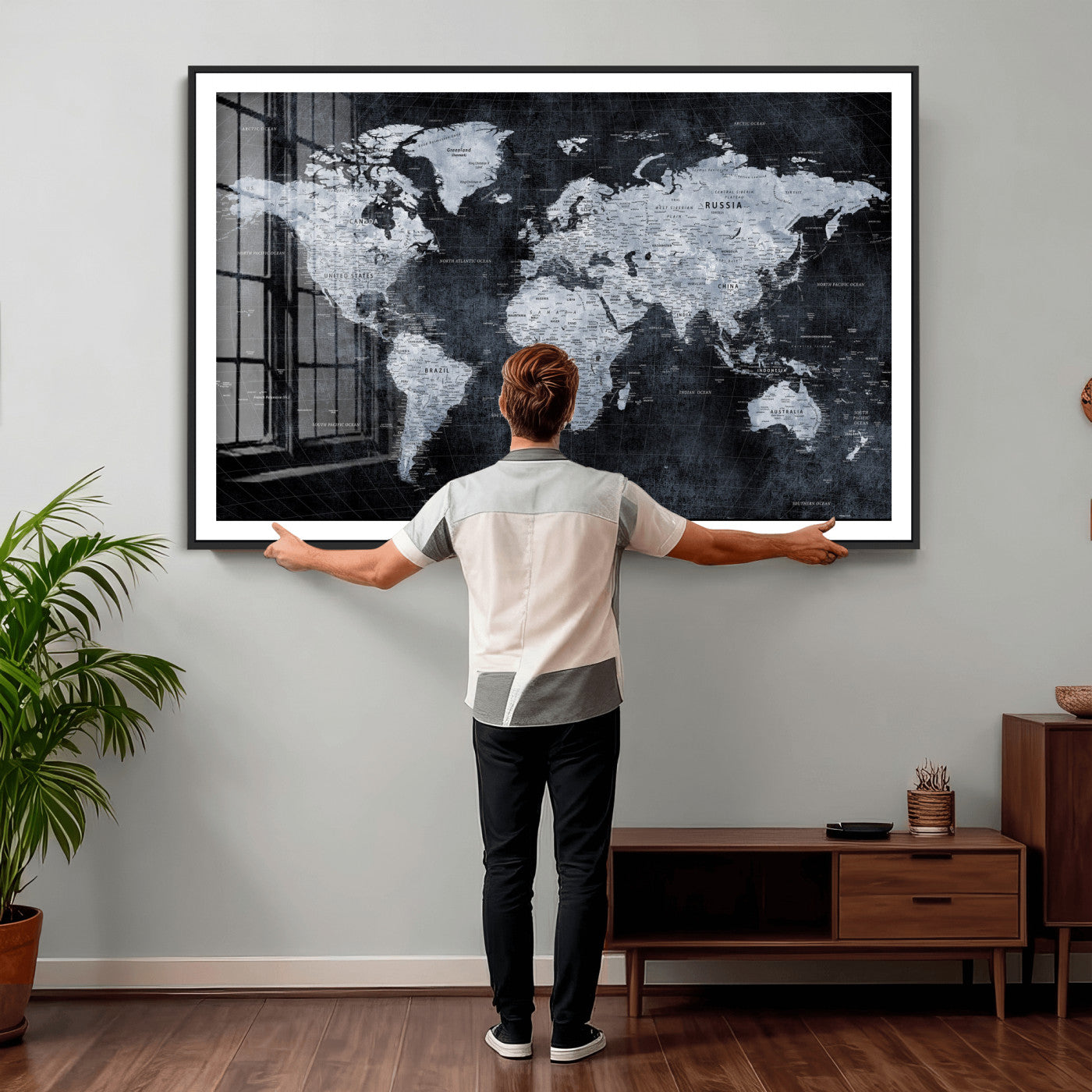86893704-MGV-CV-36X24 - World Map Wall Art Canvas Print, Modern Decorative Framed Map Artwork Prints for Living Room, Office, Bedroom Wall Decor