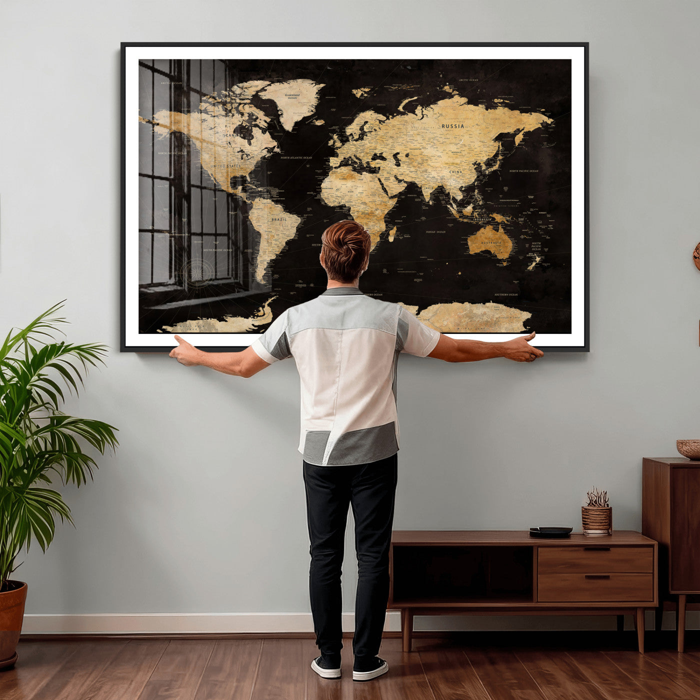 70468159-MGV-CV-36X24 - World Map Wall Art Canvas Print, Modern Decorative Framed Map Artwork Prints for Living Room, Office, Bedroom Wall Decor
