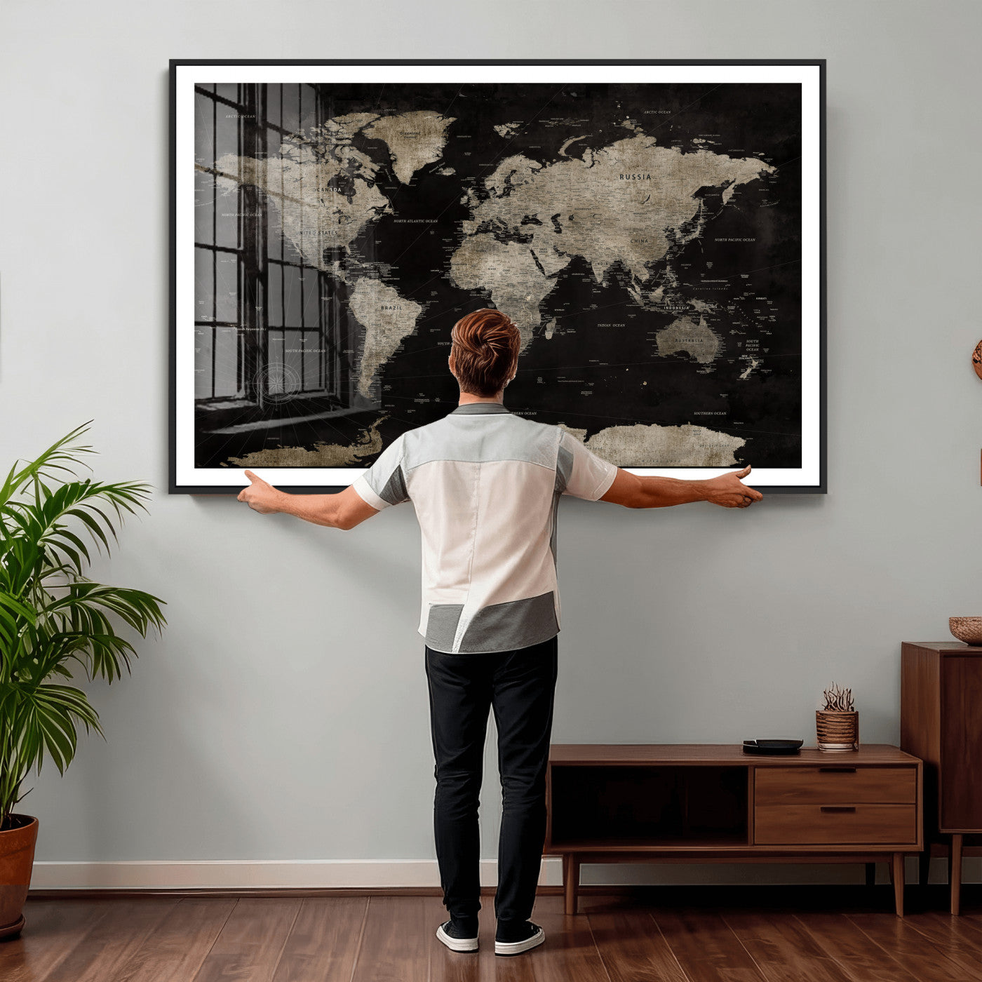 56225956-MGV-CV-36X24 - World Map Wall Art Canvas Print, Modern Decorative Framed Map Artwork Prints for Living Room, Office, Bedroom Wall Decor