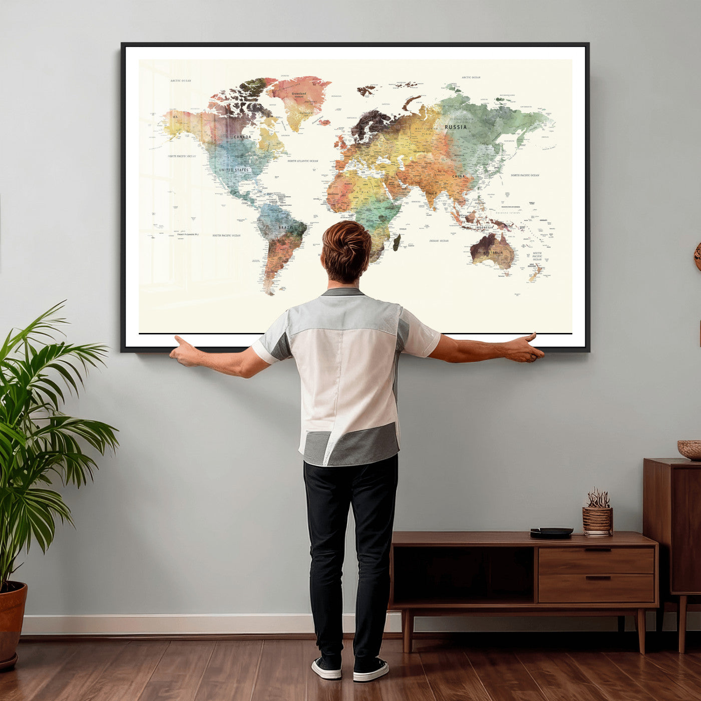 64206059-MGV-CV-36X24 - World Map Wall Art Canvas Print, Modern Decorative Framed Map Artwork Prints for Living Room, Office, Bedroom Wall Decor