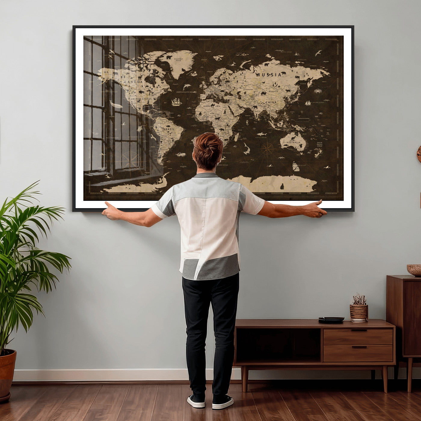 44276398-MGV-CV-36X24 - World Map Wall Art Canvas Print, Modern Decorative Framed Map Artwork Prints for Living Room, Office, Bedroom Wall Decor