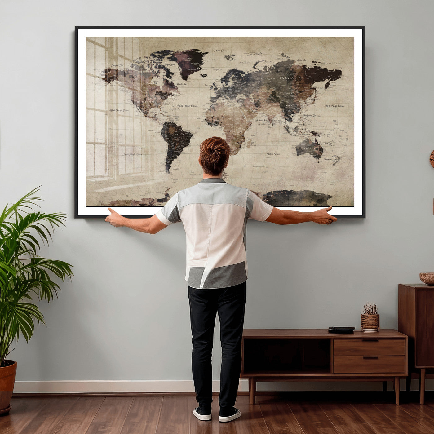 60560672-MGV-CV-36X24 - World Map Wall Art Canvas Print, Modern Decorative Framed Map Artwork Prints for Living Room, Office, Bedroom Wall Decor
