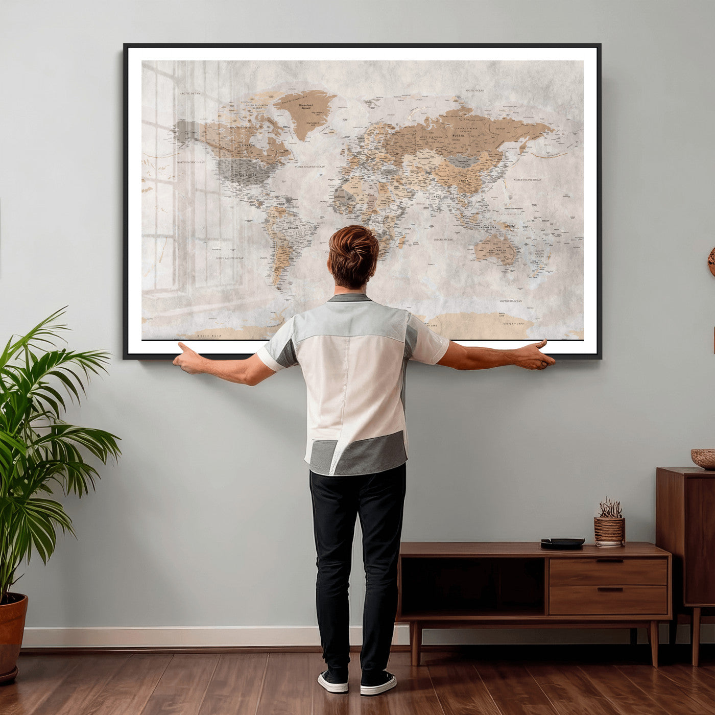34051638-MGV-CV-36X24 - World Map Wall Art Canvas Print, Modern Decorative Framed Map Artwork Prints for Living Room, Office, Bedroom Wall Decor