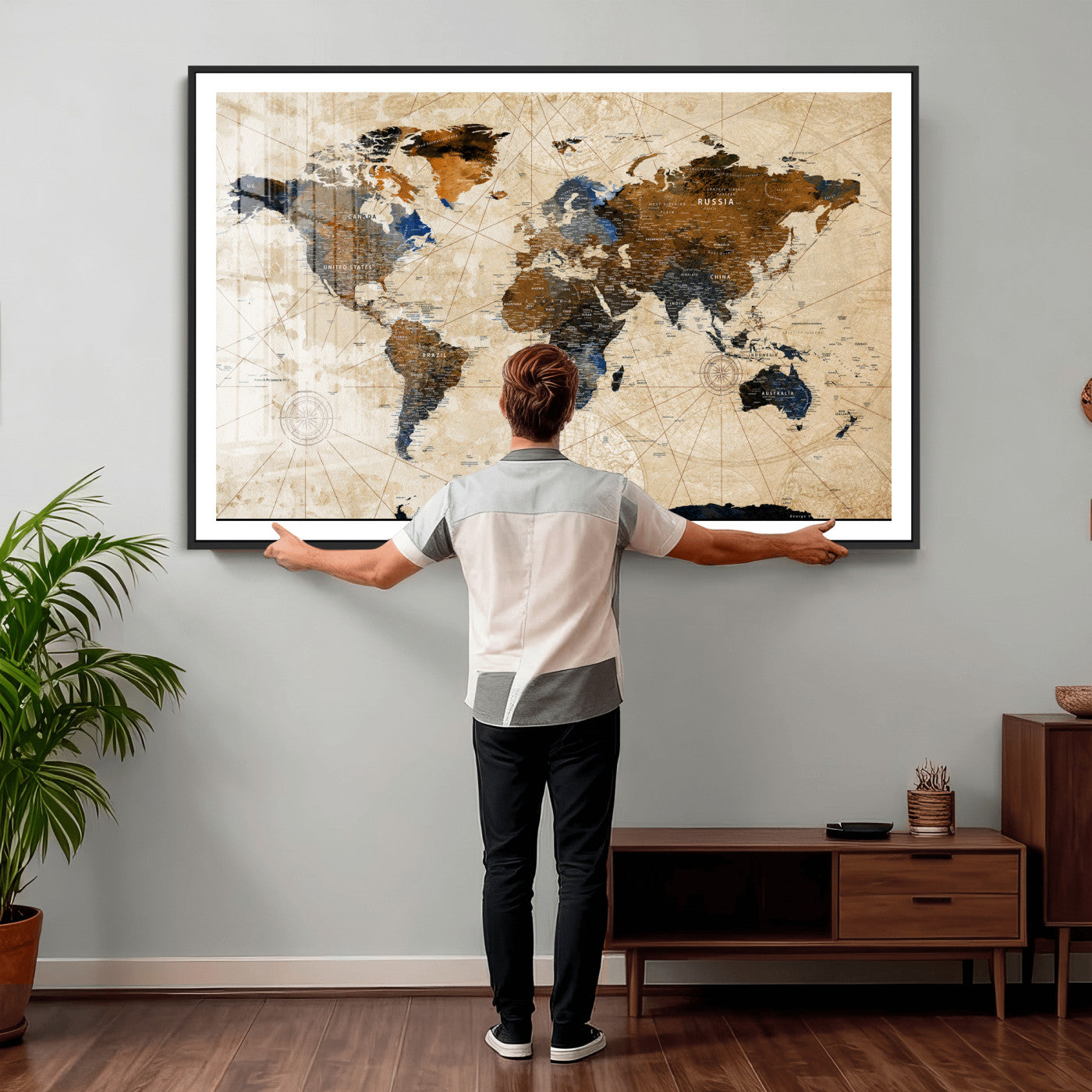 15727090-MGV-CV-36X24 - World Map Wall Art Canvas Print, Modern Decorative Framed Map Artwork Prints for Living Room, Office, Bedroom Wall Decor