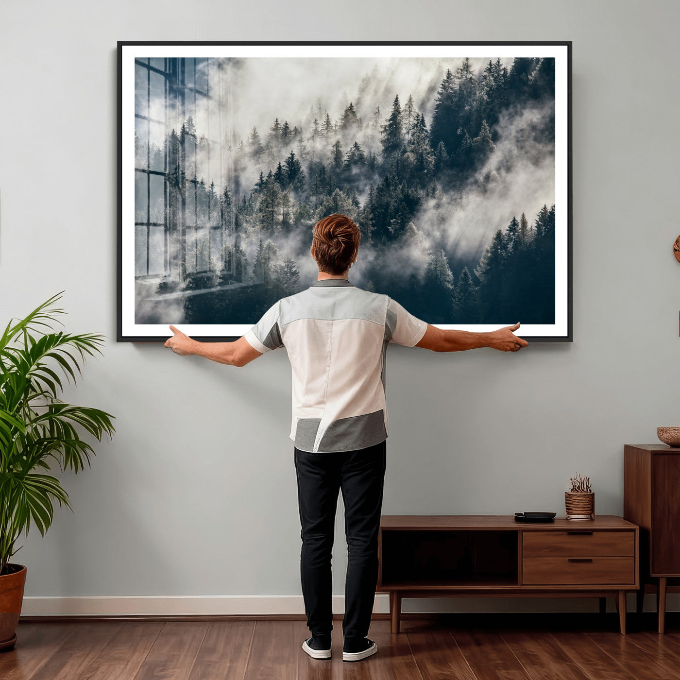 63405824-MGV-CV-36X24 - Foggy Mountain Forest Canvas Print, Misty Pine Trees Nature Wall Art, Framed Canvas Ready to Hang