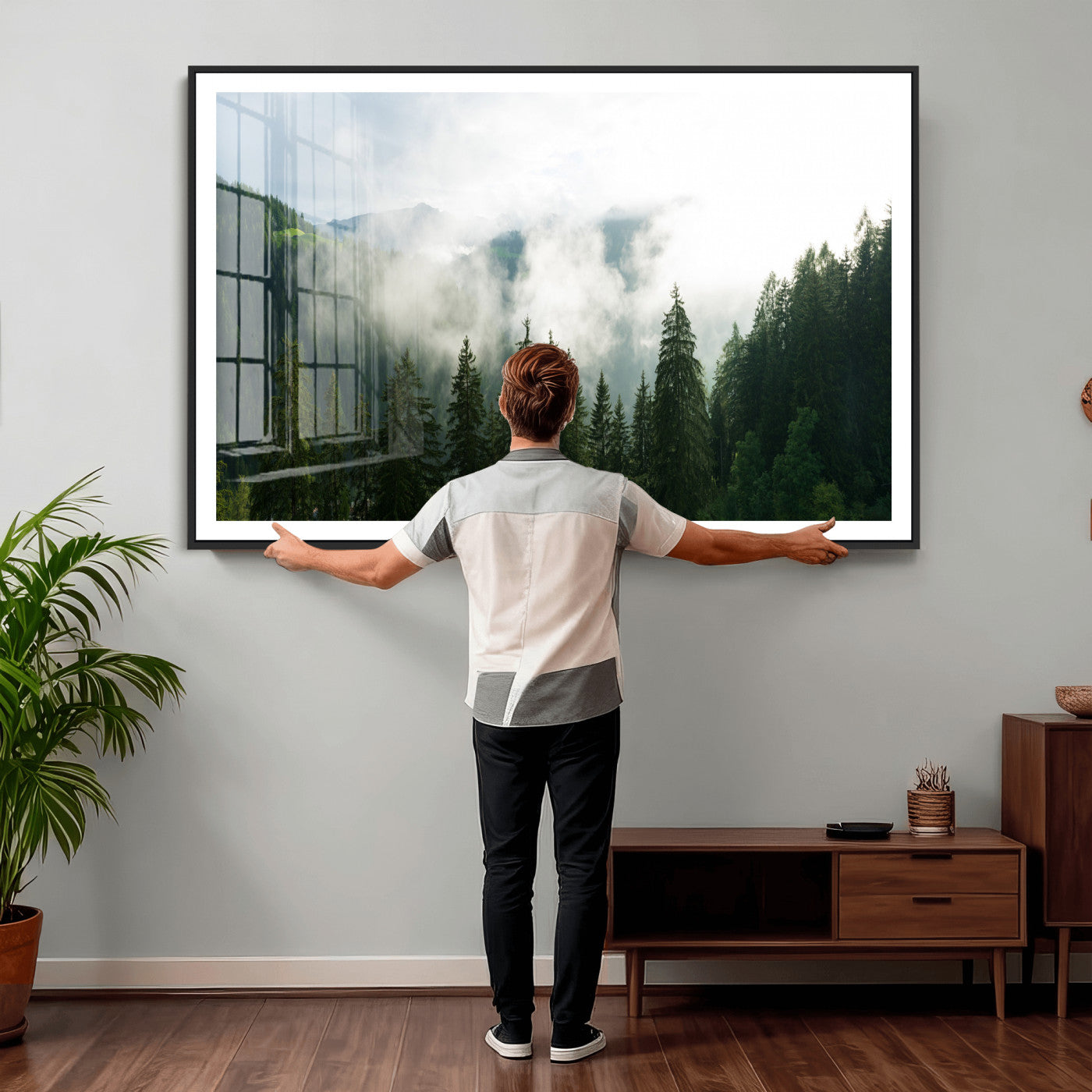 67174129-MGV-CV-36X24 - Misty Mountain Forest Canvas Print, Foggy Pine Trees Nature Wall Art, Framed Canvas Ready to Hang