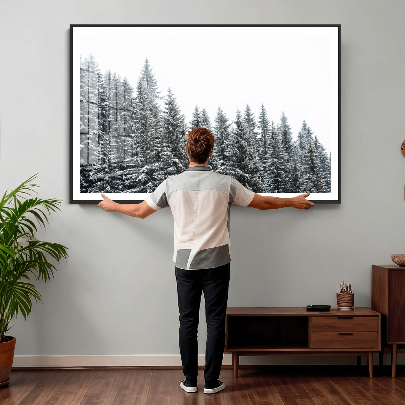 69566941-MGV-CV-36X24 - Misty Mountain Forest Canvas Print, Foggy Pine Trees Nature Wall Art, Framed Canvas Ready to Hang