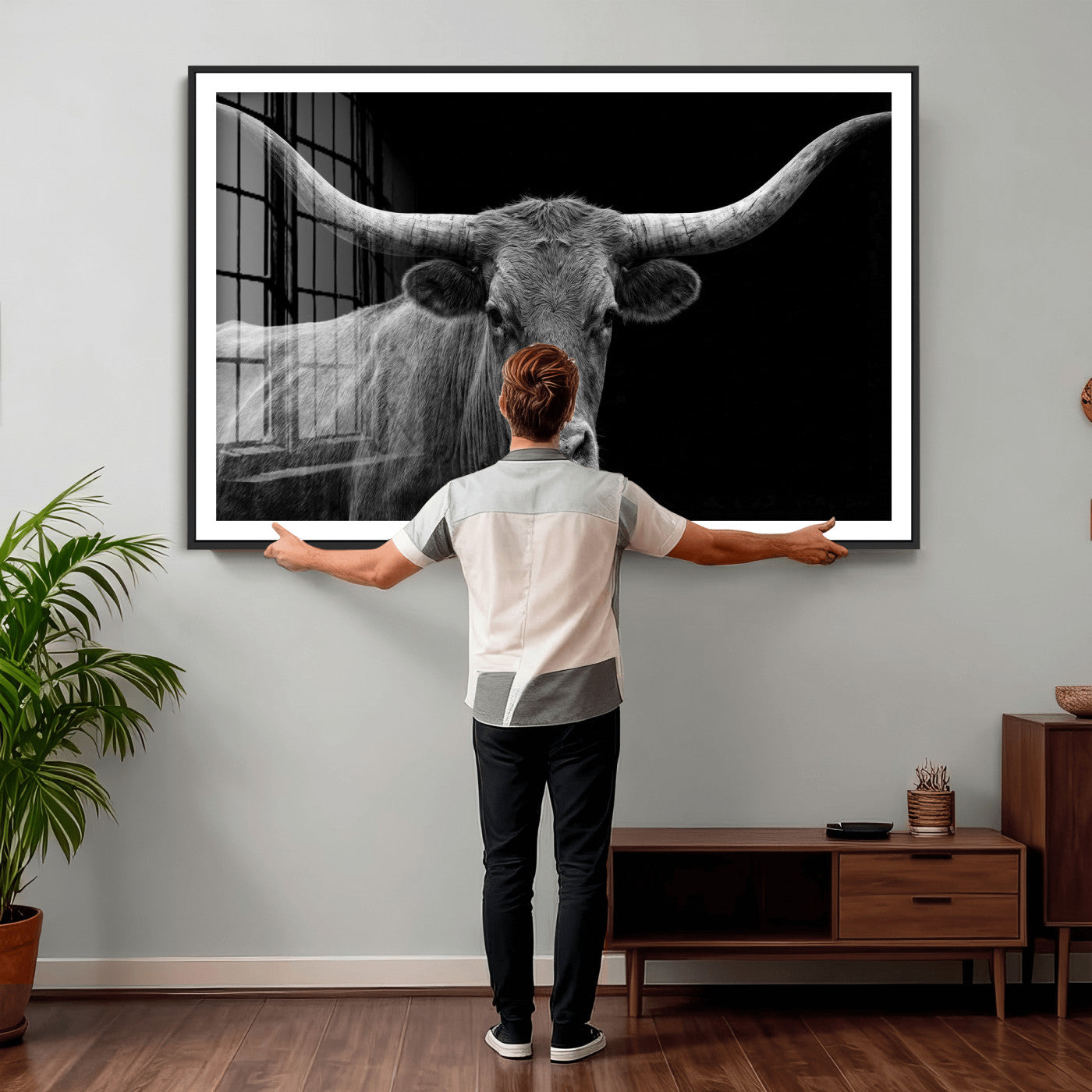 32601430-MGV-CV-36X24 - Texas Longhorn Bull Wall Art Canvas Print, Cow Portrait Photography, Framed Wall Art Ready to Hang