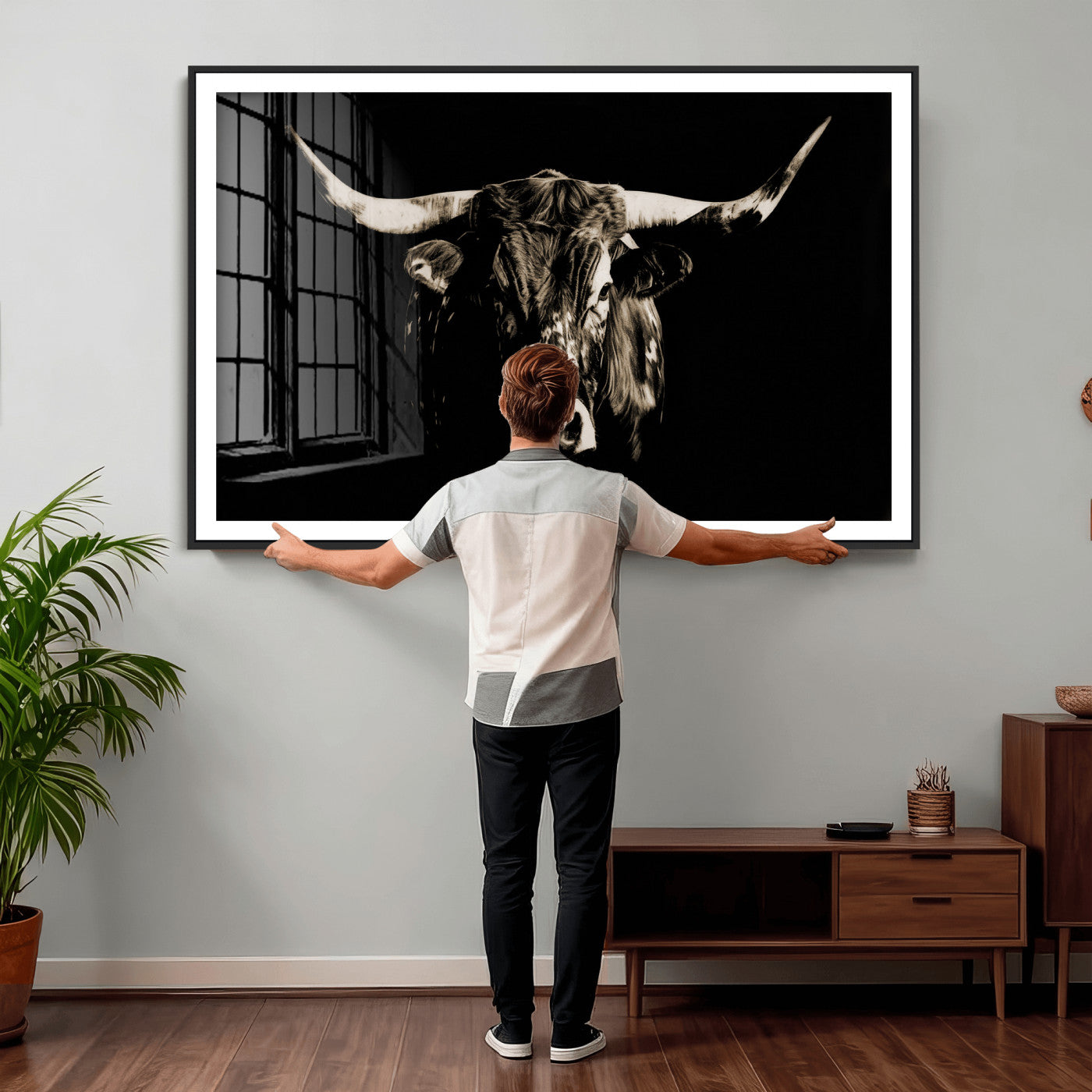 75774468-MGV-CV-36X24 - Black Bull Wall Art Canvas Print, Dark Longhorn Portrait Photography, Framed Wall Art Ready to Hang