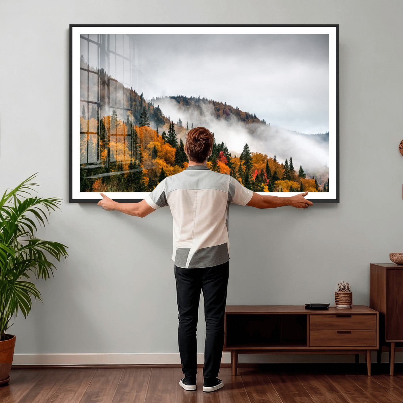 93581632-MGV-CV-36X24 - Autumn Forest Wall Art Canvas Print, Foggy Mountain Landscape Nature Photography, Framed Wall Art Ready to Hang