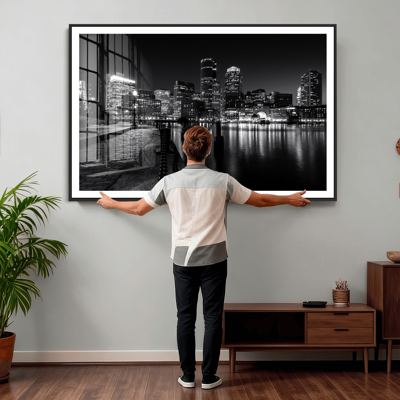 53082656-MGV-CV-36X24 - Boston Wall Art Canvas Print, Boston City Downtown Night Cityscape Print for Modern Urban Wall Decor