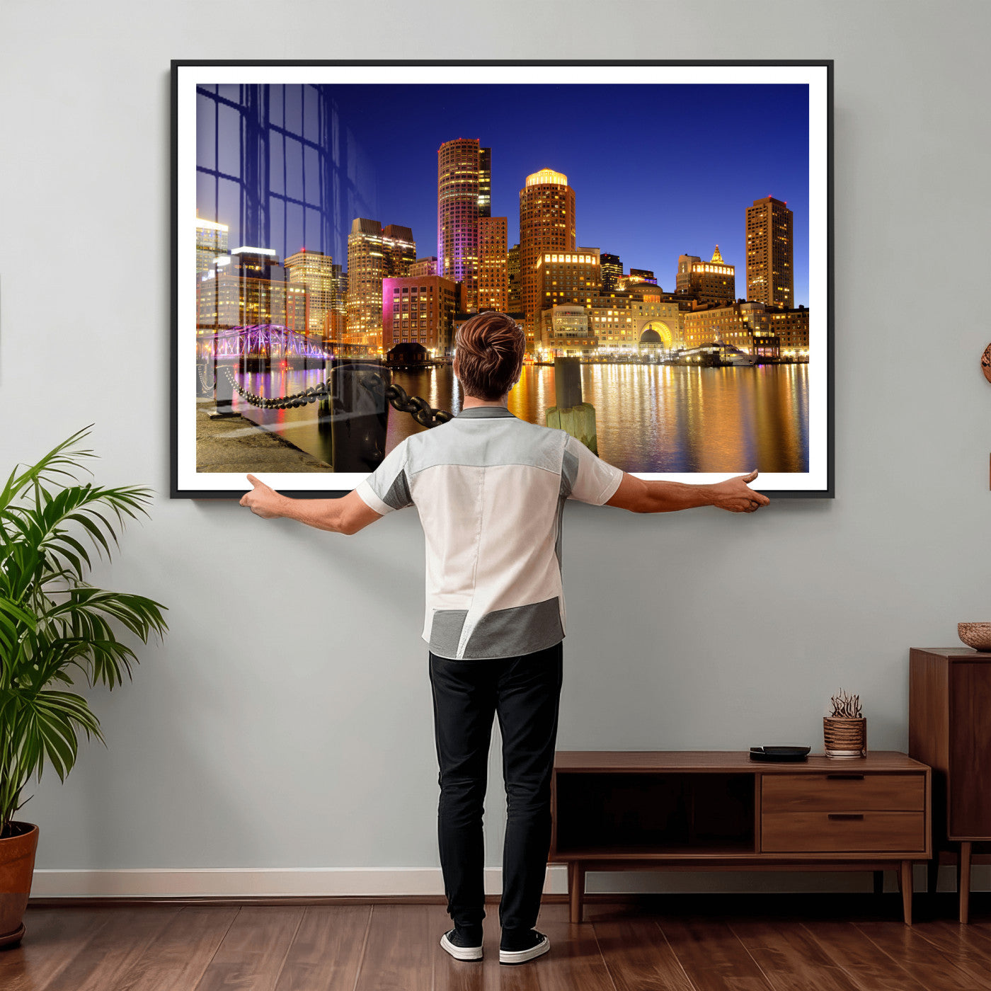 56611117-MGV-CV-36X24 - Boston Wall Art Canvas Print, Boston City Downtown Night Cityscape Print for Modern Urban Wall Decor