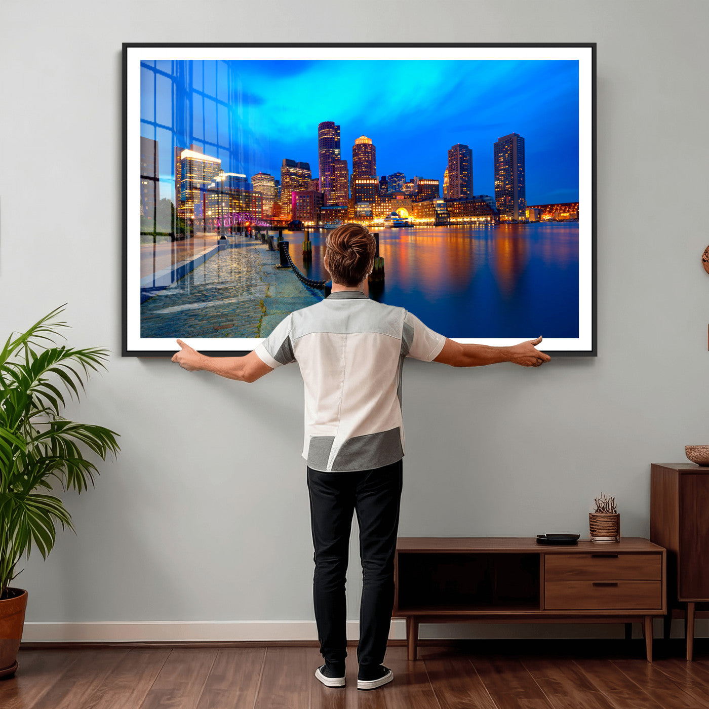 69619565-MGV-CV-36X24 - Boston Wall Art Canvas Print, Boston City Downtown Night Cityscape Print for Modern Urban Wall Decor