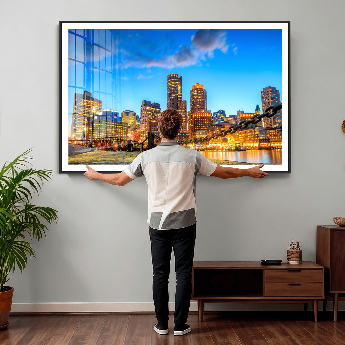 46736409-MGV-CV-36X24 - Boston Wall Art Canvas Print, Boston City Downtown Night Cityscape Print for Modern Urban Wall Decor