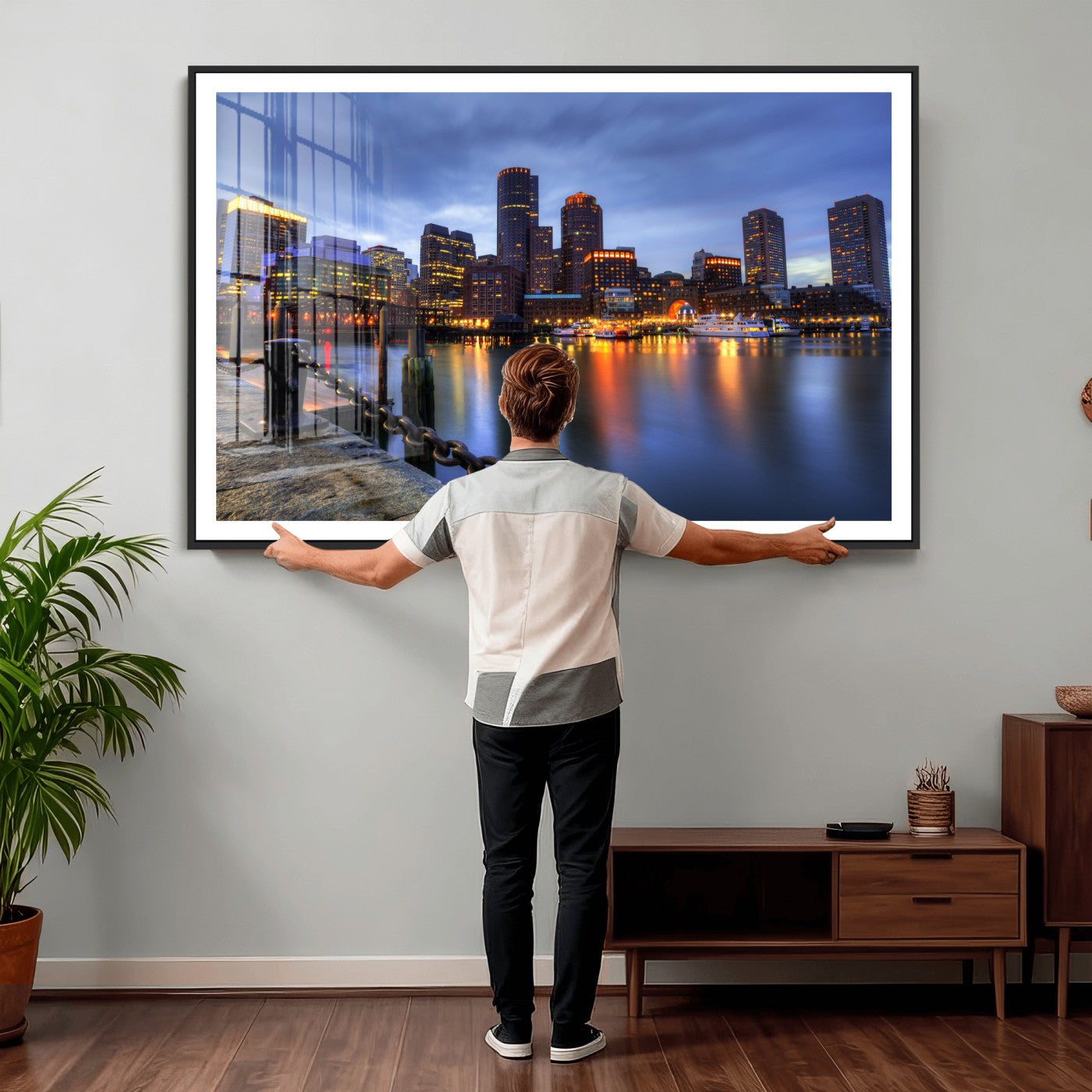 82439622-MGV-CV-36X24 - Boston Wall Art Canvas Print, Boston City Downtown Night Cityscape Print for Modern Urban Wall Decor
