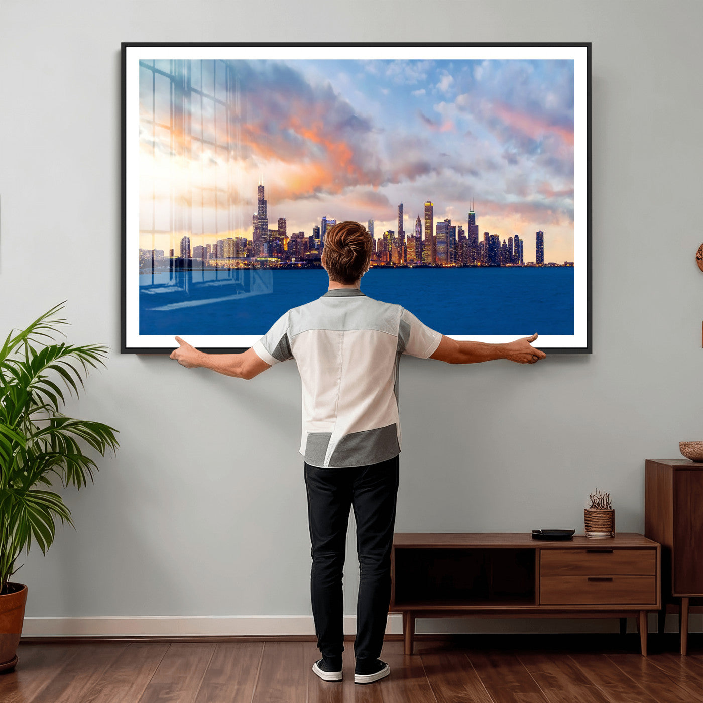 34667960-MGV-CV-36X24 - Chicago Wall Art Canvas Print, Chicago City Downtown Night Cityscape Print for Modern Urban Wall Decor