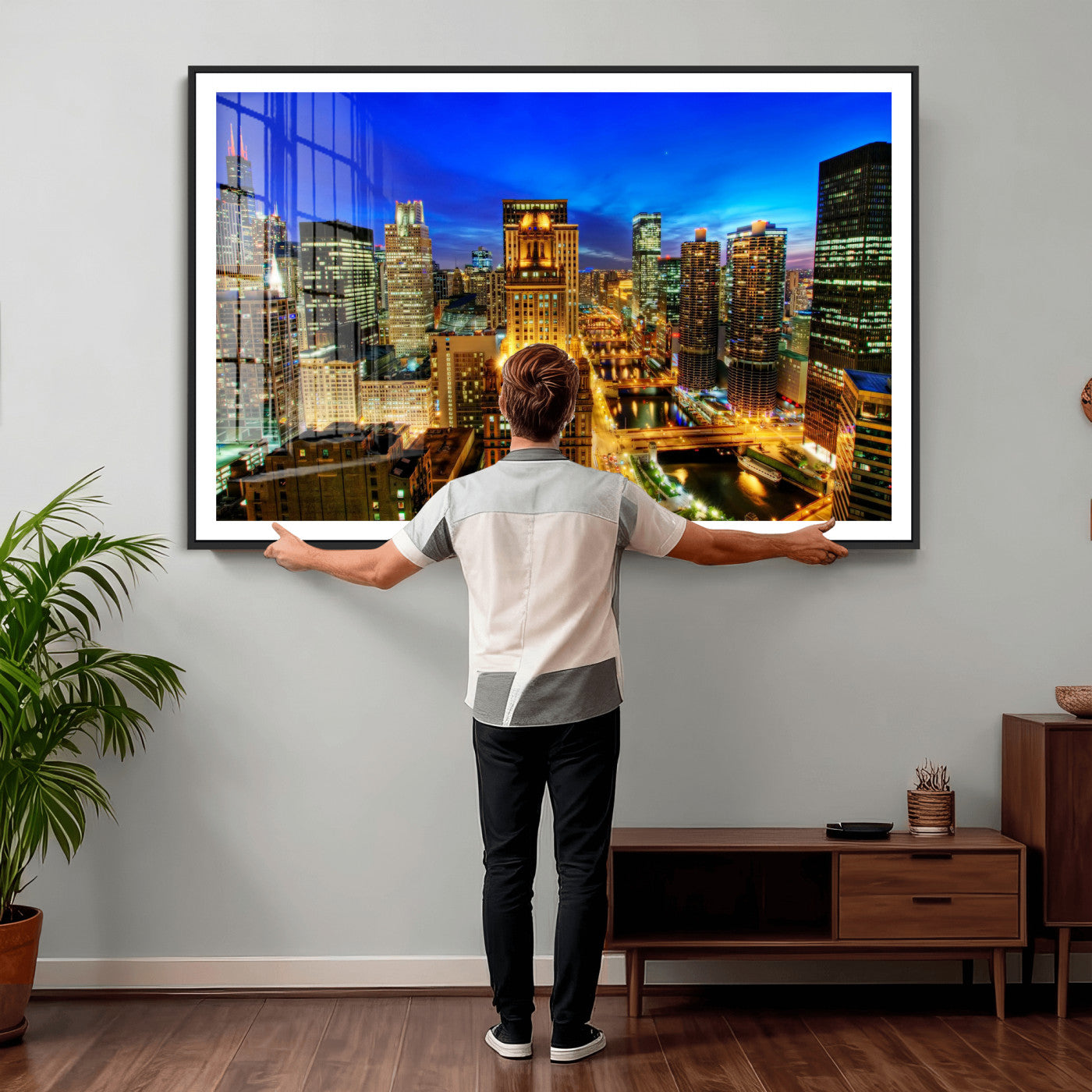 46298885-MGV-CV-36X24 - Chicago Wall Art Canvas Print, Chicago City Downtown Night Cityscape Print for Modern Urban Wall Decor