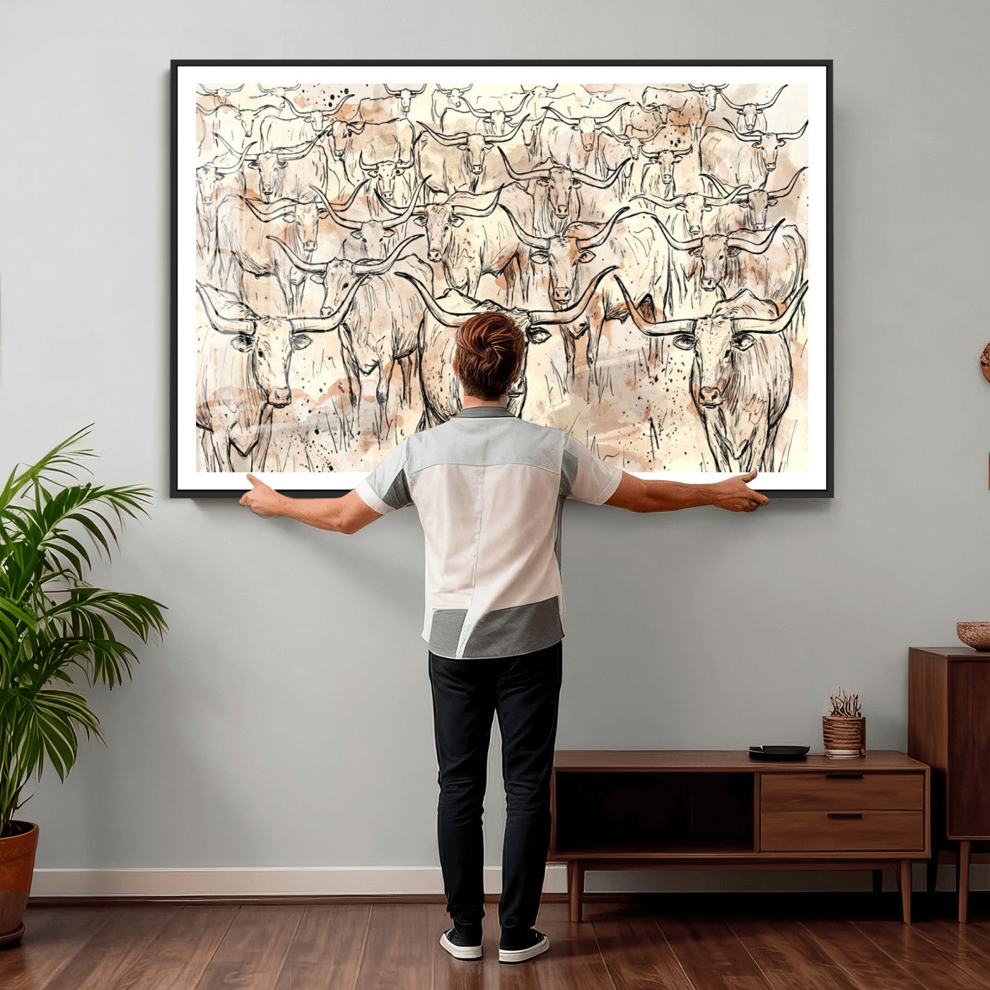 94055403-MGV-CV-36X24 - Farmhouse Animals Wall Art Canvas Print - Abstract Farm Animal Drawing Mid-Century Wall Art for Cabin Decor