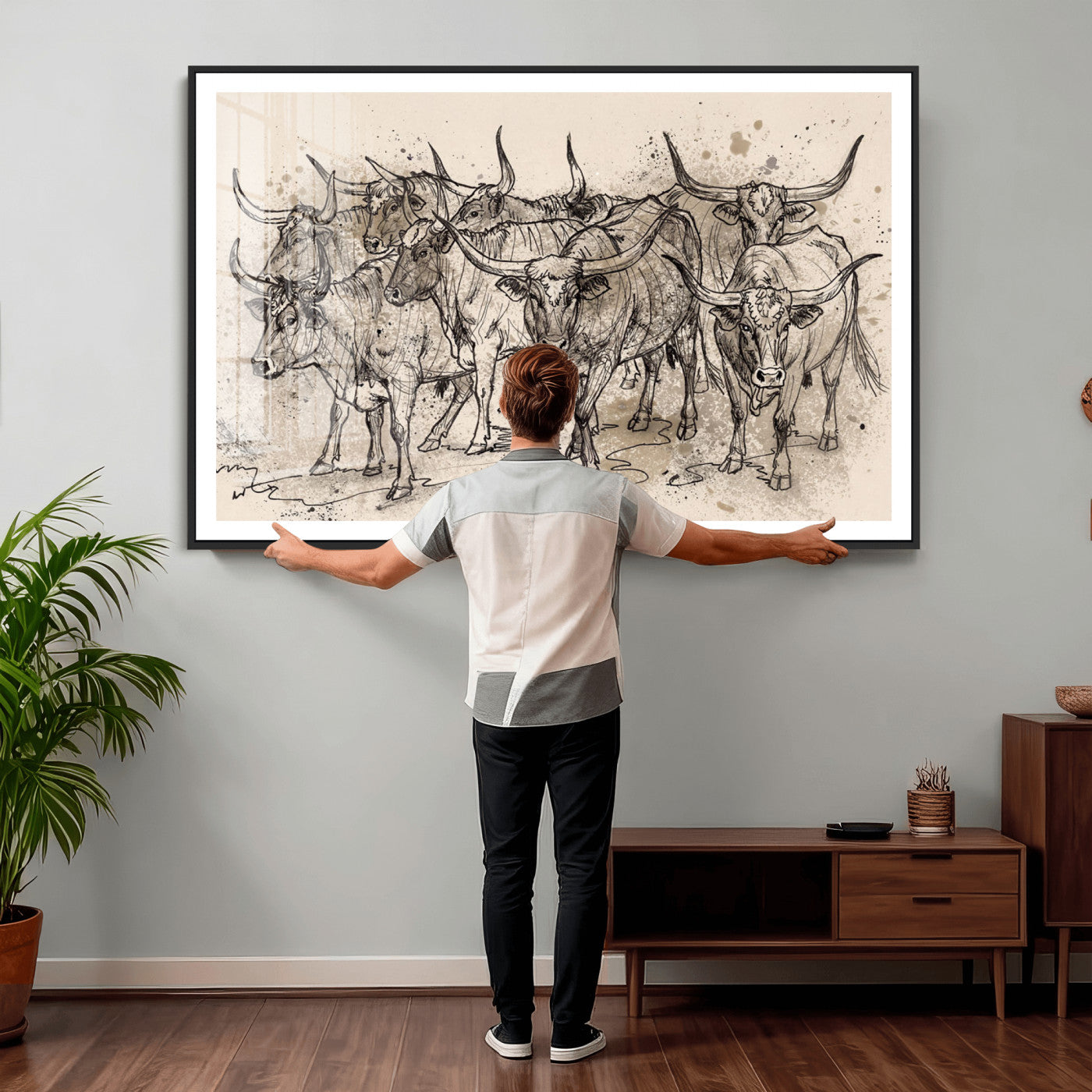 74232558-MGV-CV-36X24 - Farmhouse Animals Wall Art Canvas Print - Abstract Farm Animal Drawing Mid-Century Wall Art for Cabin Decor