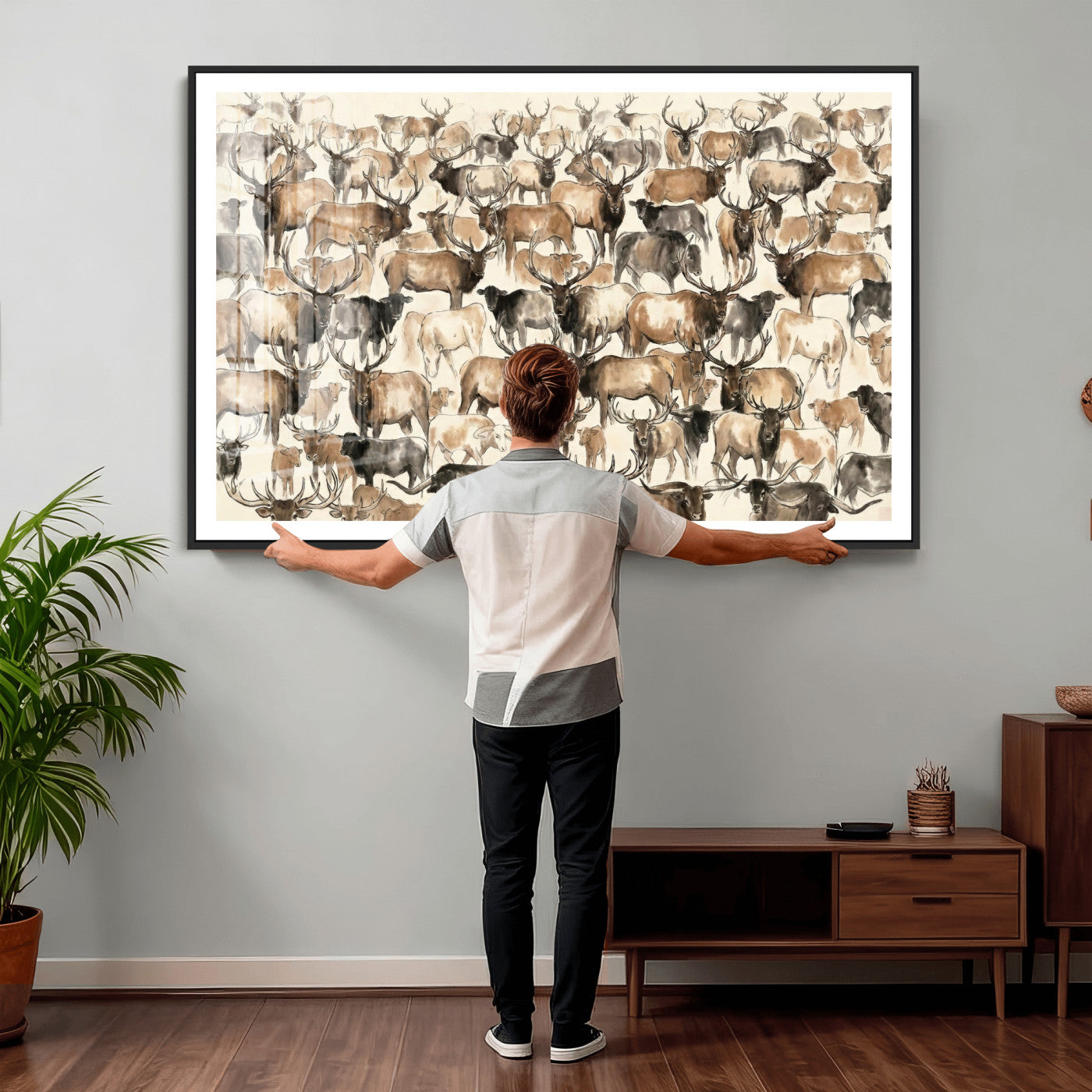 24374881-MGV-CV-36X24 - Farmhouse Animals Wall Art Canvas Print - Abstract Farm Animal Drawing Mid-Century Wall Art for Cabin Decor
