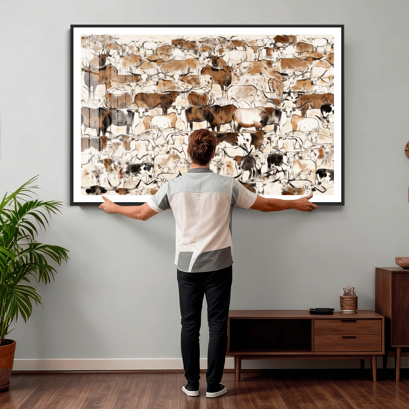 81416572-MGV-CV-36X24 - Farmhouse Animals Wall Art Canvas Print - Abstract Farm Animal Drawing Mid-Century Wall Art for Cabin Decor
