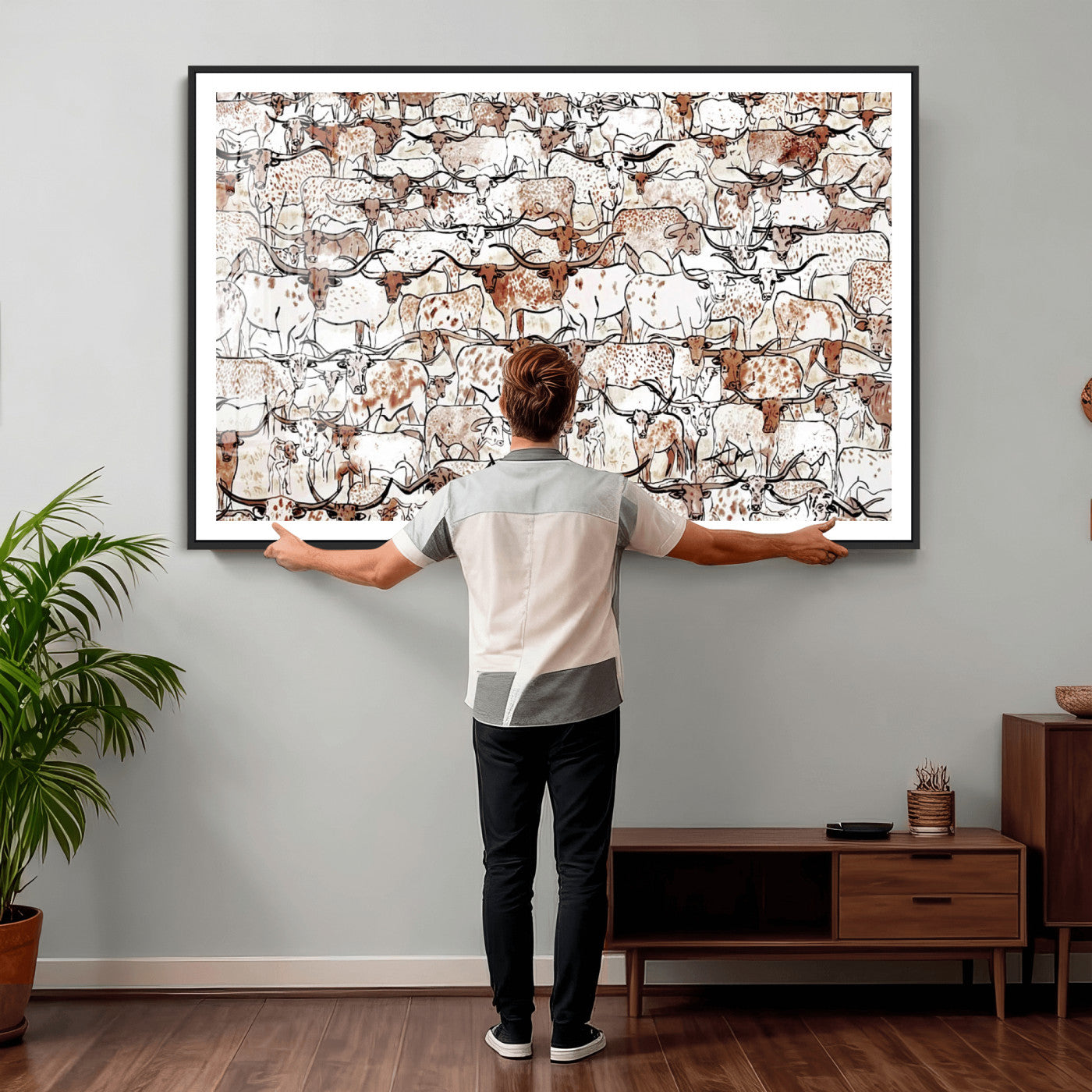 71869761-MGV-CV-36X24 - Farmhouse Animals Wall Art Canvas Print - Abstract Farm Animal Drawing Mid-Century Wall Art for Cabin Decor