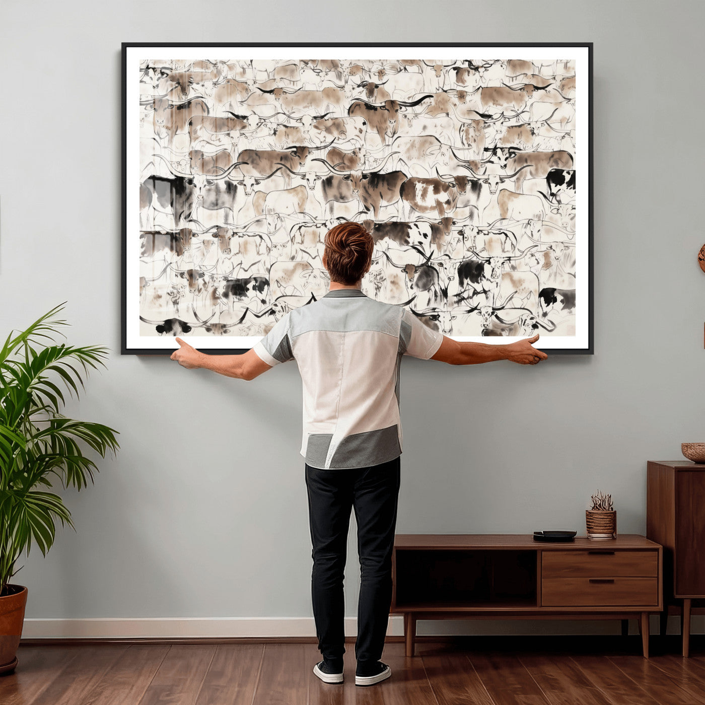 66685375-MGV-CV-36X24 - Farmhouse Animals Wall Art Canvas Print - Abstract Farm Animal Drawing Mid-Century Wall Art for Cabin Decor