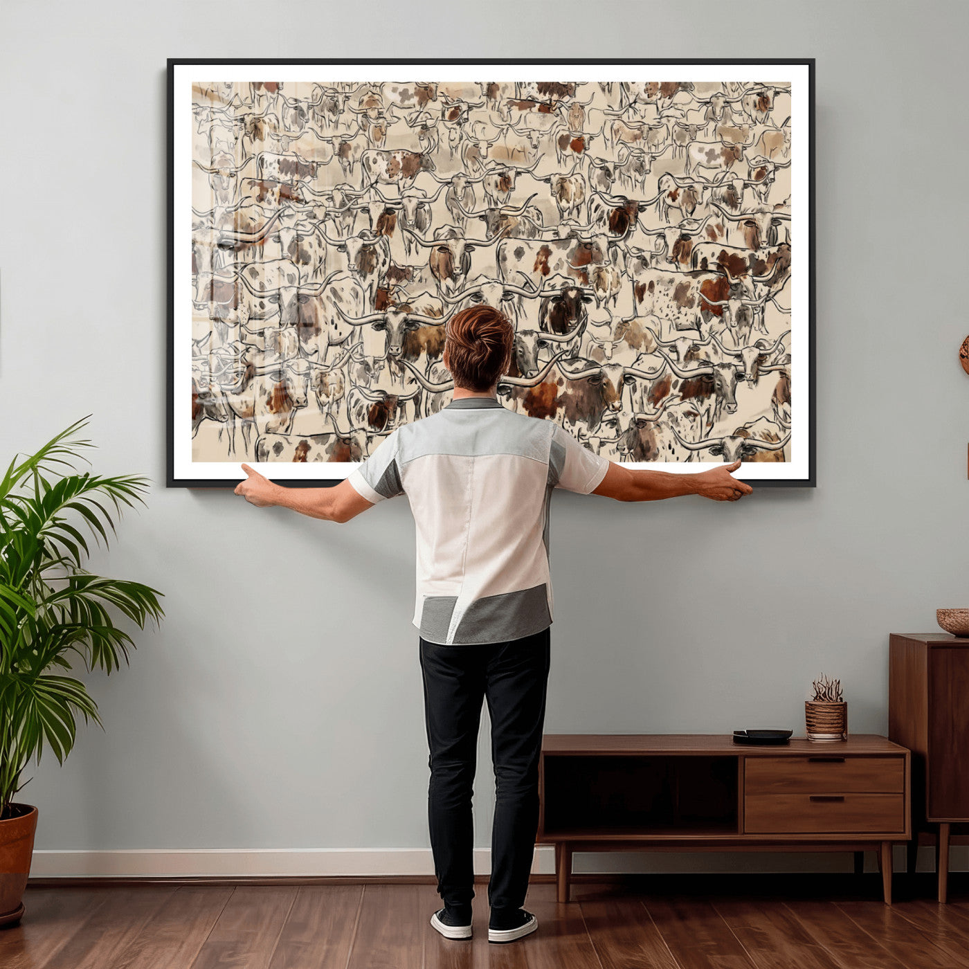 94808502-MGV-CV-36X24 - Farmhouse Animals Wall Art Canvas Print - Abstract Farm Animal Drawing Mid-Century Wall Art for Cabin Decor