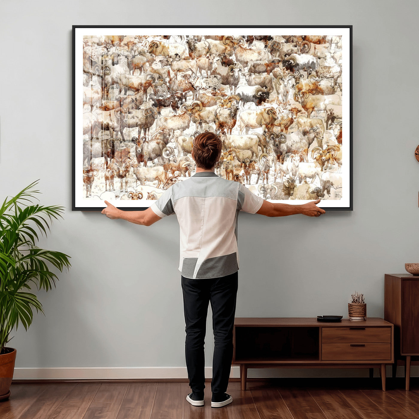 95103864-MGV-CV-36X24 - Farmhouse Animals Wall Art Canvas Print - Abstract Farm Animal Drawing Mid-Century Wall Art for Cabin Decor
