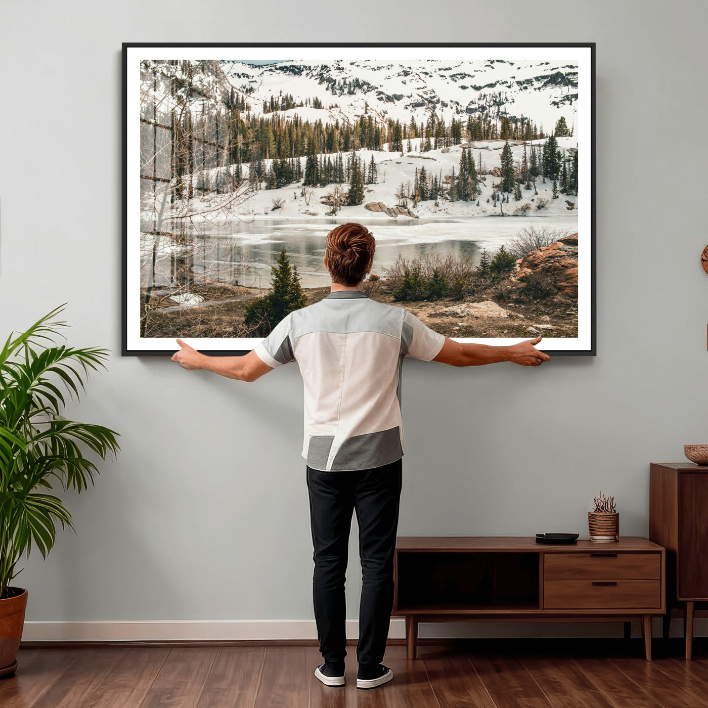 10336249-MGV-CV-36X24 - Snowy Mountain Landscape Wall Art Canvas Print, Alpine Pine Forest Winter Nature Wall Decor for Living Room and Office