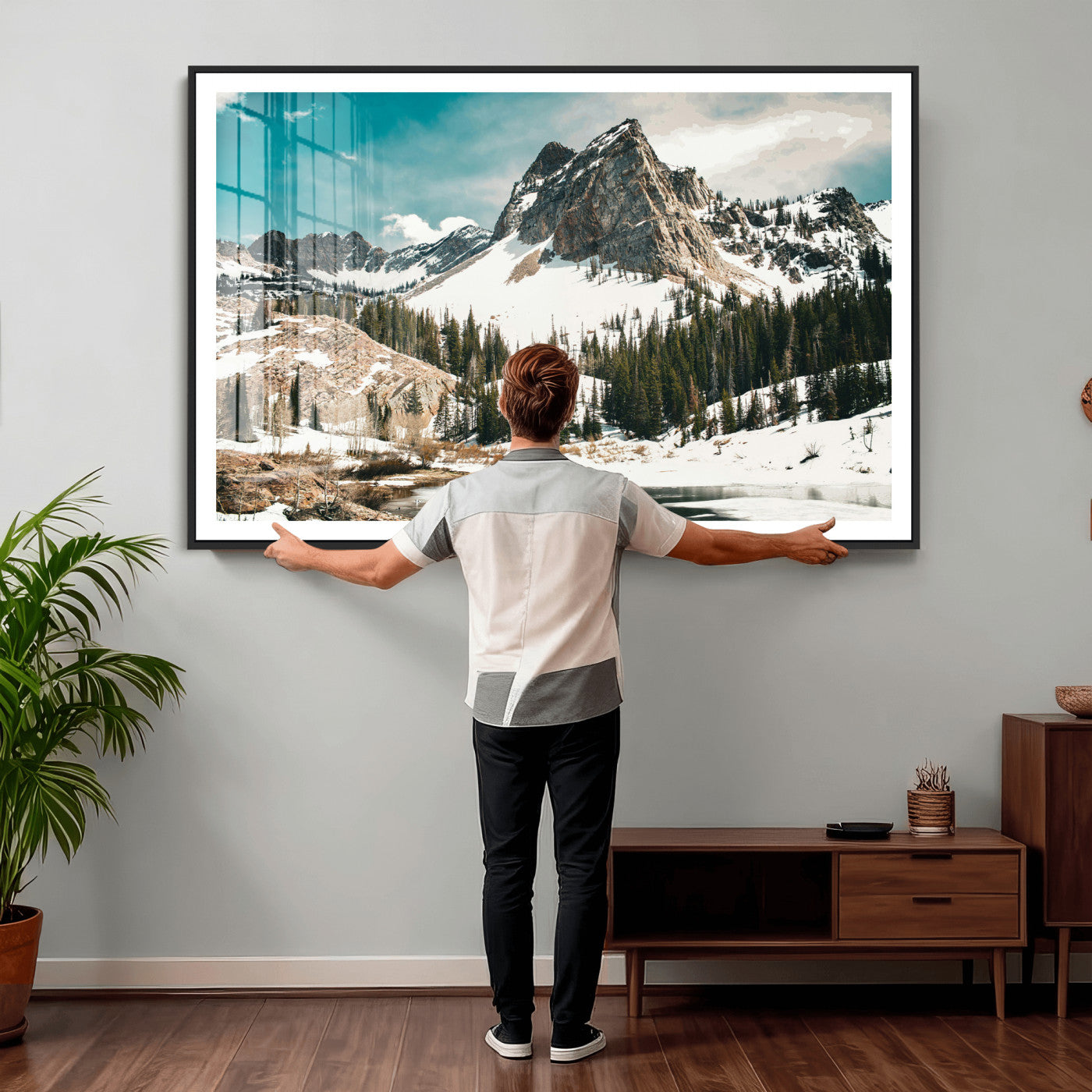 56837070-MGV-CV-36X24 - Snowy Mountain Landscape Wall Art Canvas Print, Alpine Pine Forest Winter Nature Wall Decor for Living Room and Office