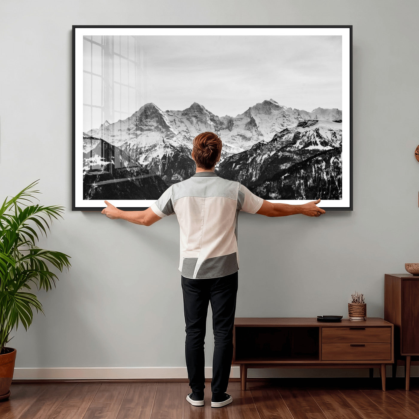 85684934-MGV-CV-36X24 - Black and White Mountain Wall Art Canvas Print, Snowy Alpine Peaks Landscape Photography, Minimal Monochrome Mountain Art, Scenic Nature Wall Decor