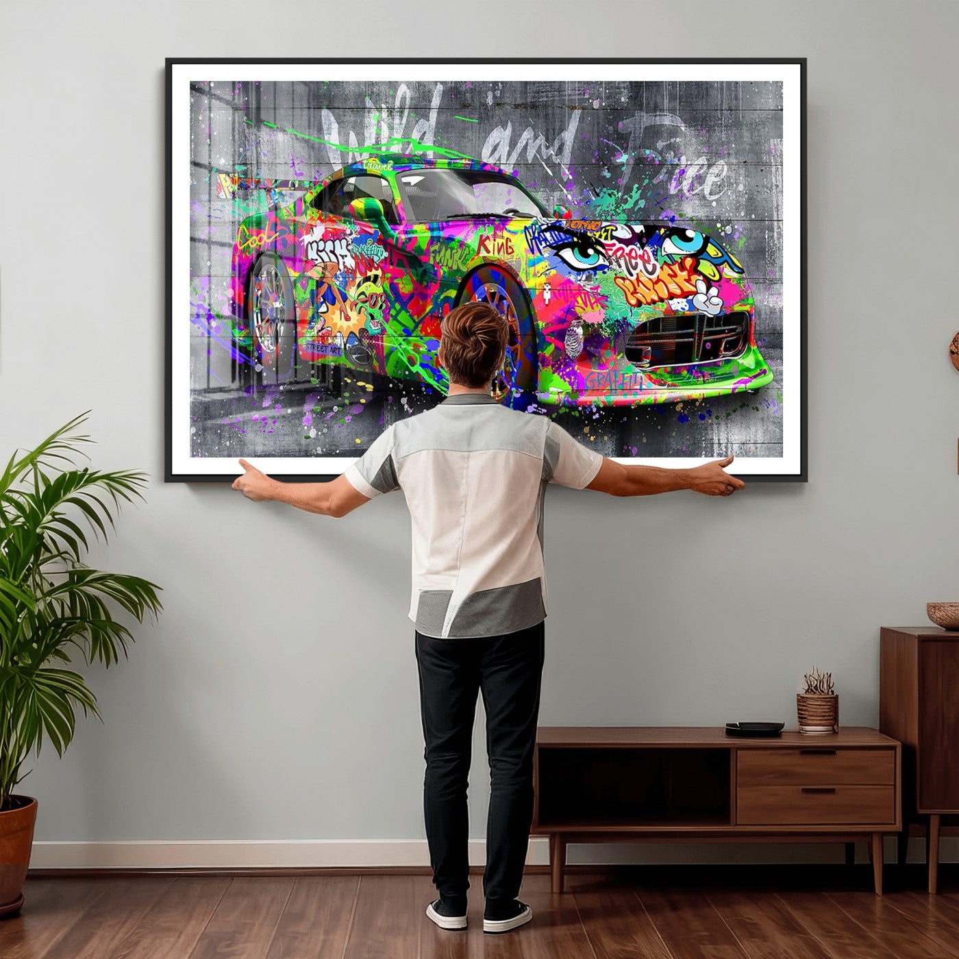 95314968-MGV-CV-36X24 - Graffiti Sports Car Street Art Wall Art Canvas Print, Colorful Urban Supercar Pop Art Canvas Print, Modern Graffiti Car Contemporary Art Printing