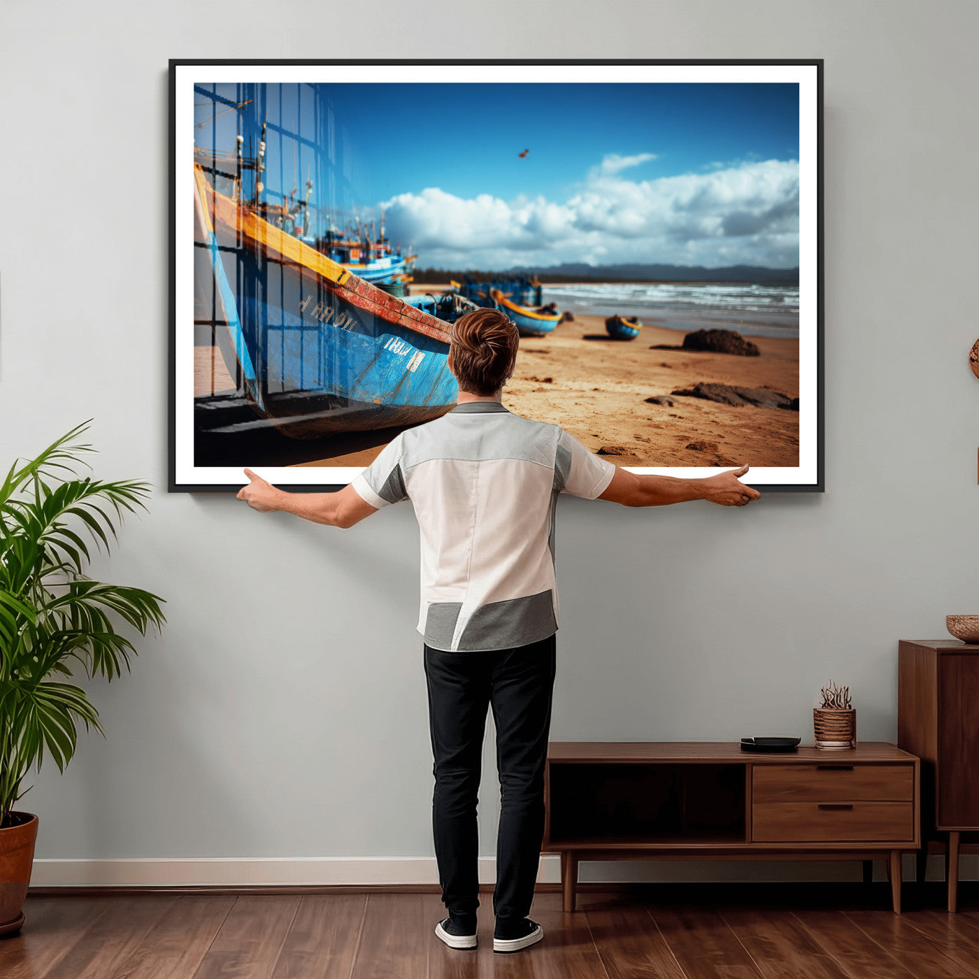70925201-MGV-CV-36X24 - Fishing Boats Wall Art Canvas Print, Coastal Boat Beach Scene, Nautical Seaside Artwork, Ocean Shore Decor, Coastal Home Wall Art