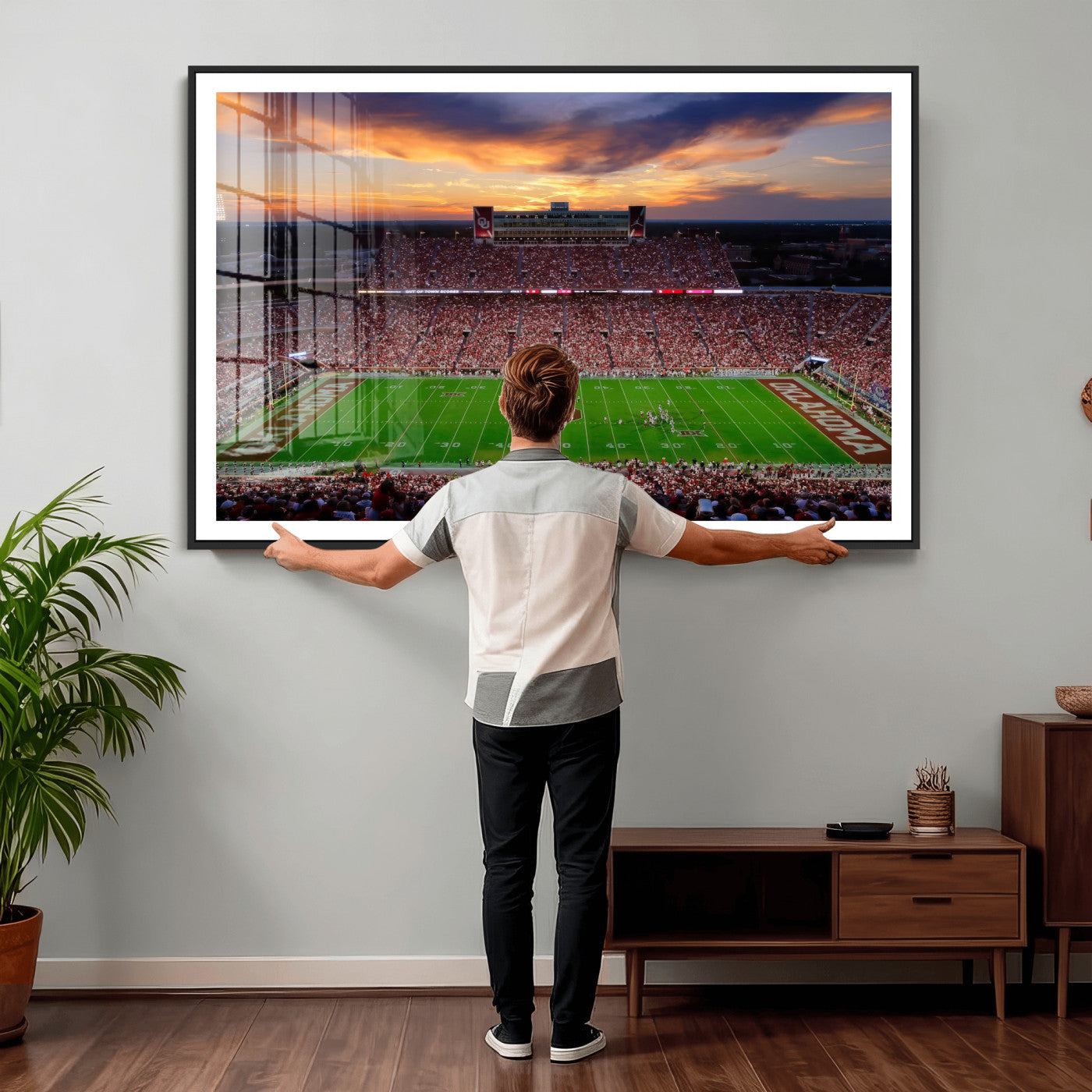 51457497-MGV-CV-36X24 - Oklahoma Sooners Stadium Wall Art Canvas Print, College Football Sunset Game Scene, OU Football Field Panorama Wall Decor