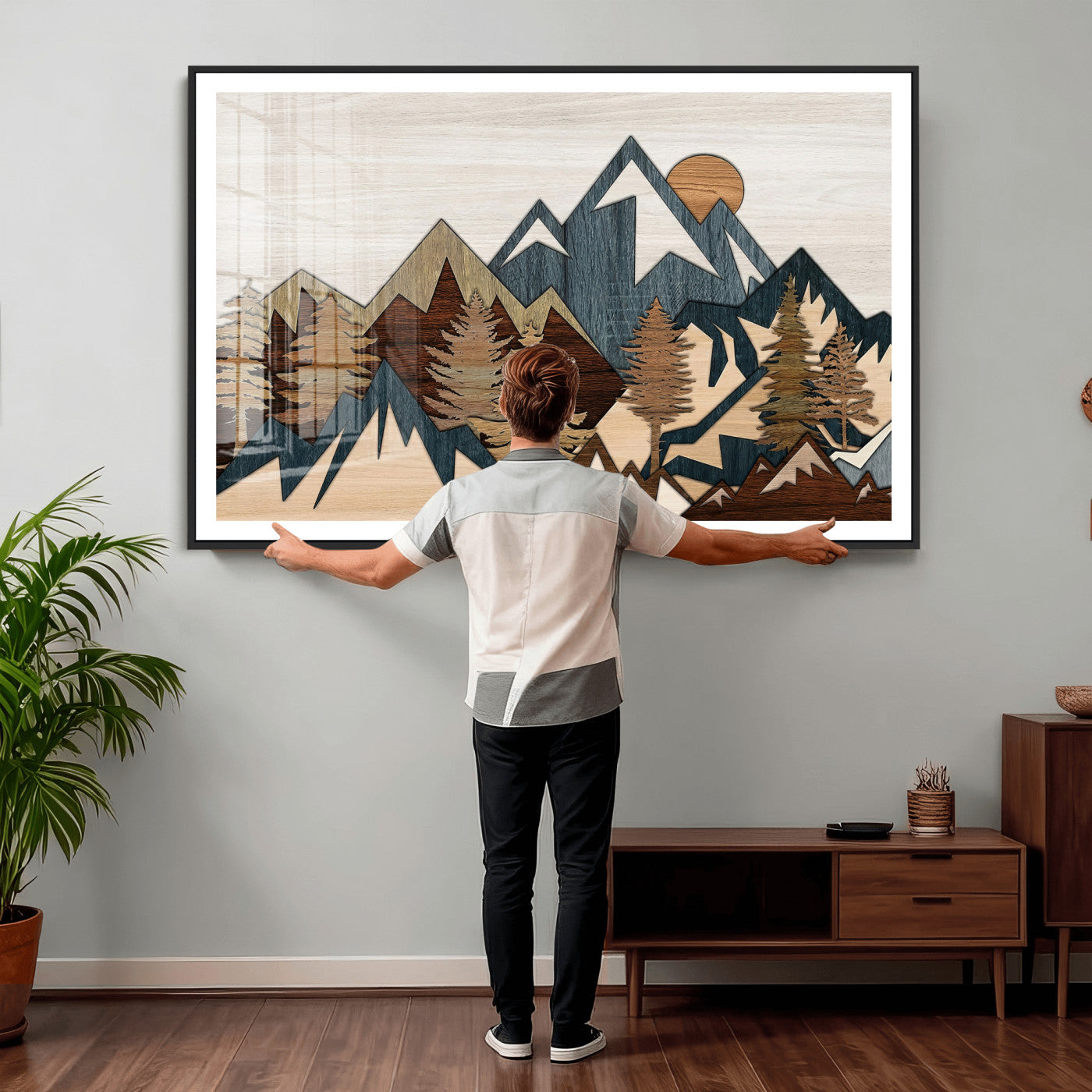 61833055-MGV-CV-36X24 - Mountain Forest Wall Art Canvas Print, Layered Wood Landscape Artwork, Rustic Nature Wall Decor for Living Room
